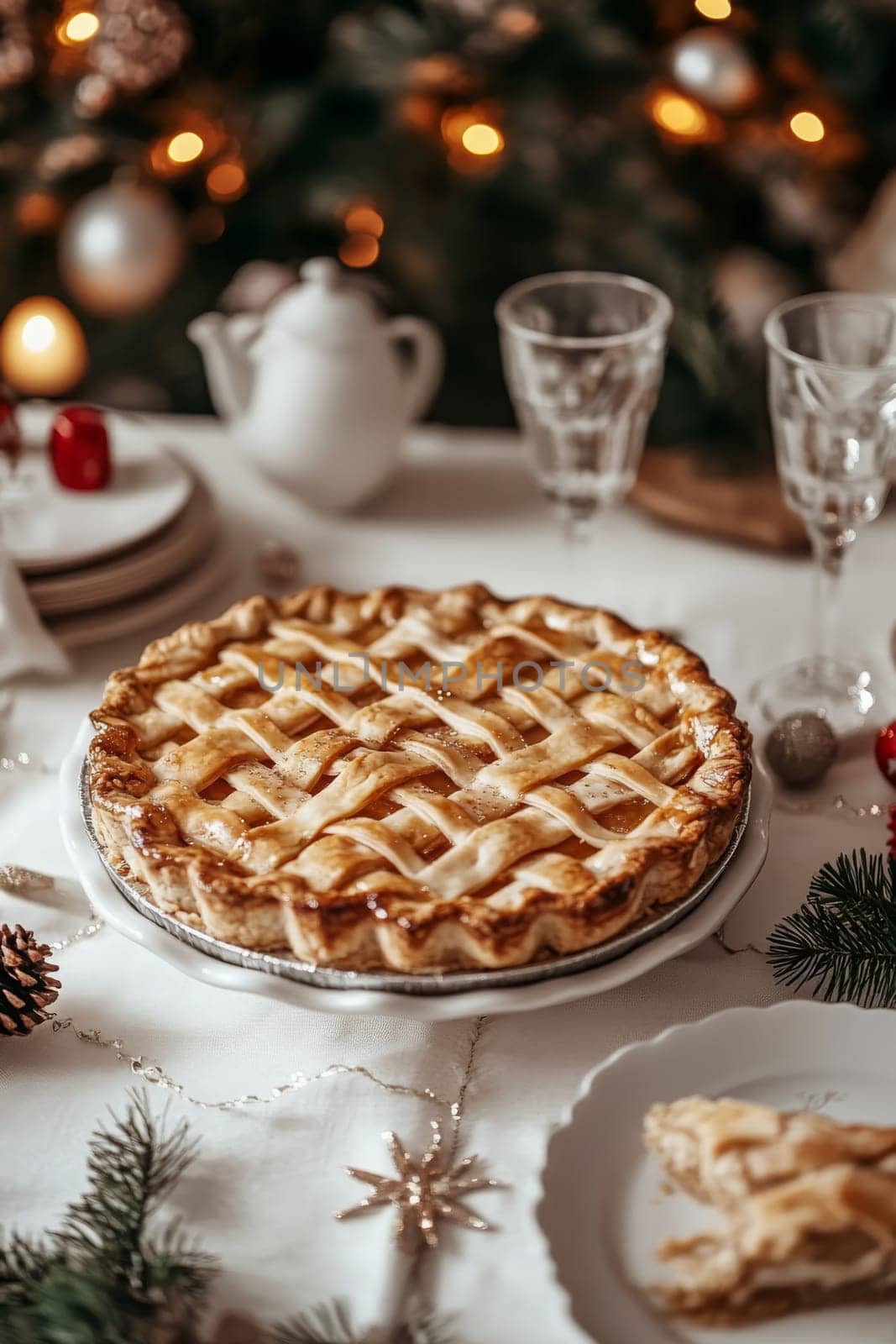 New Year's pie on a white table, Generative AI, food