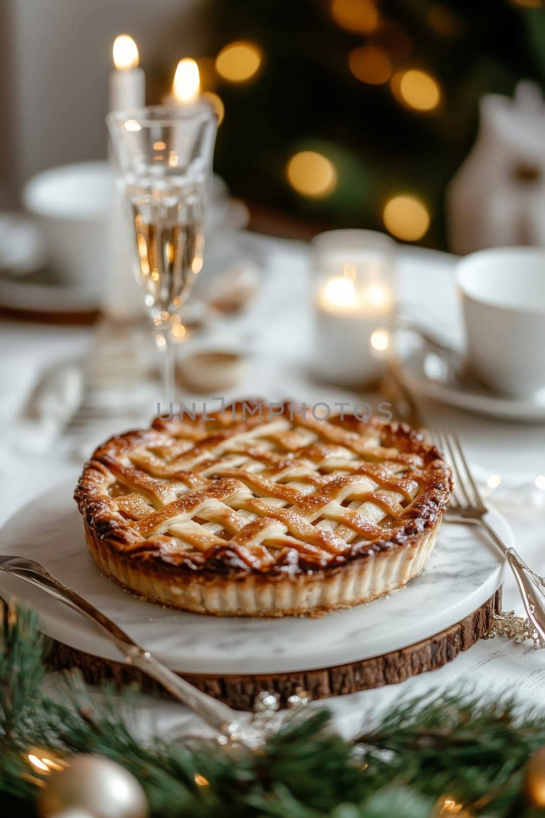 New Year's pie on a white table, Generative AI, food