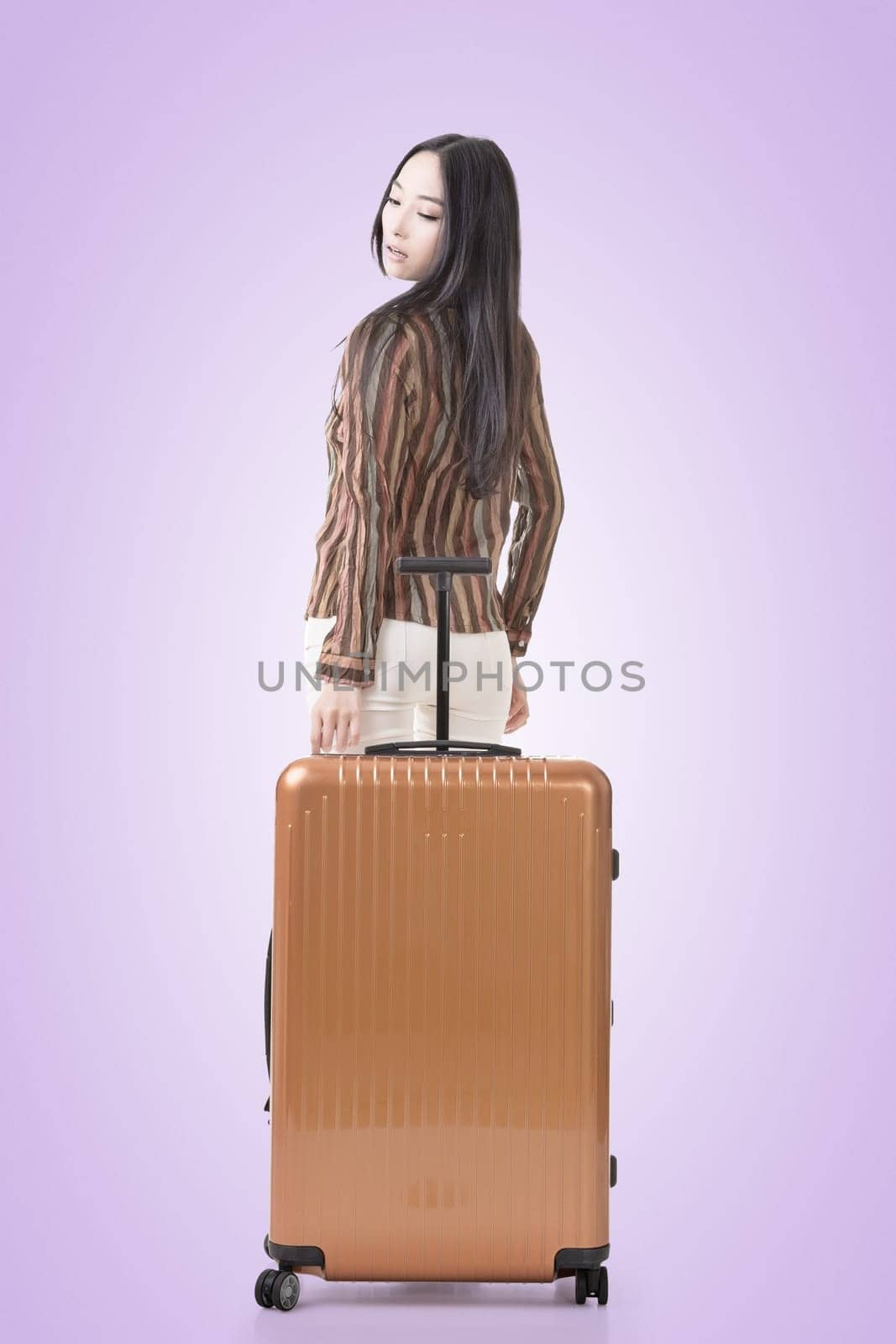 Modern Asian woman stand with a luggage.