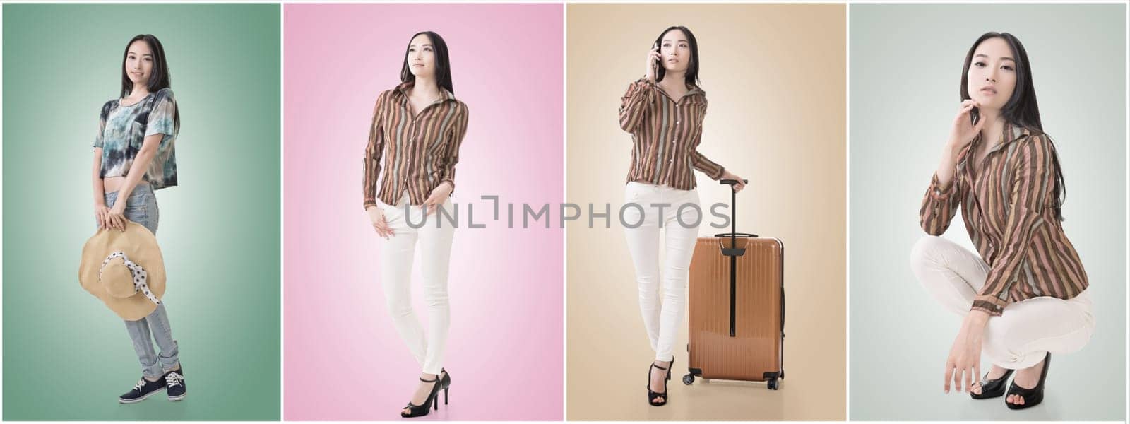 Travel concept with Asian beauty with a luggage in a set.