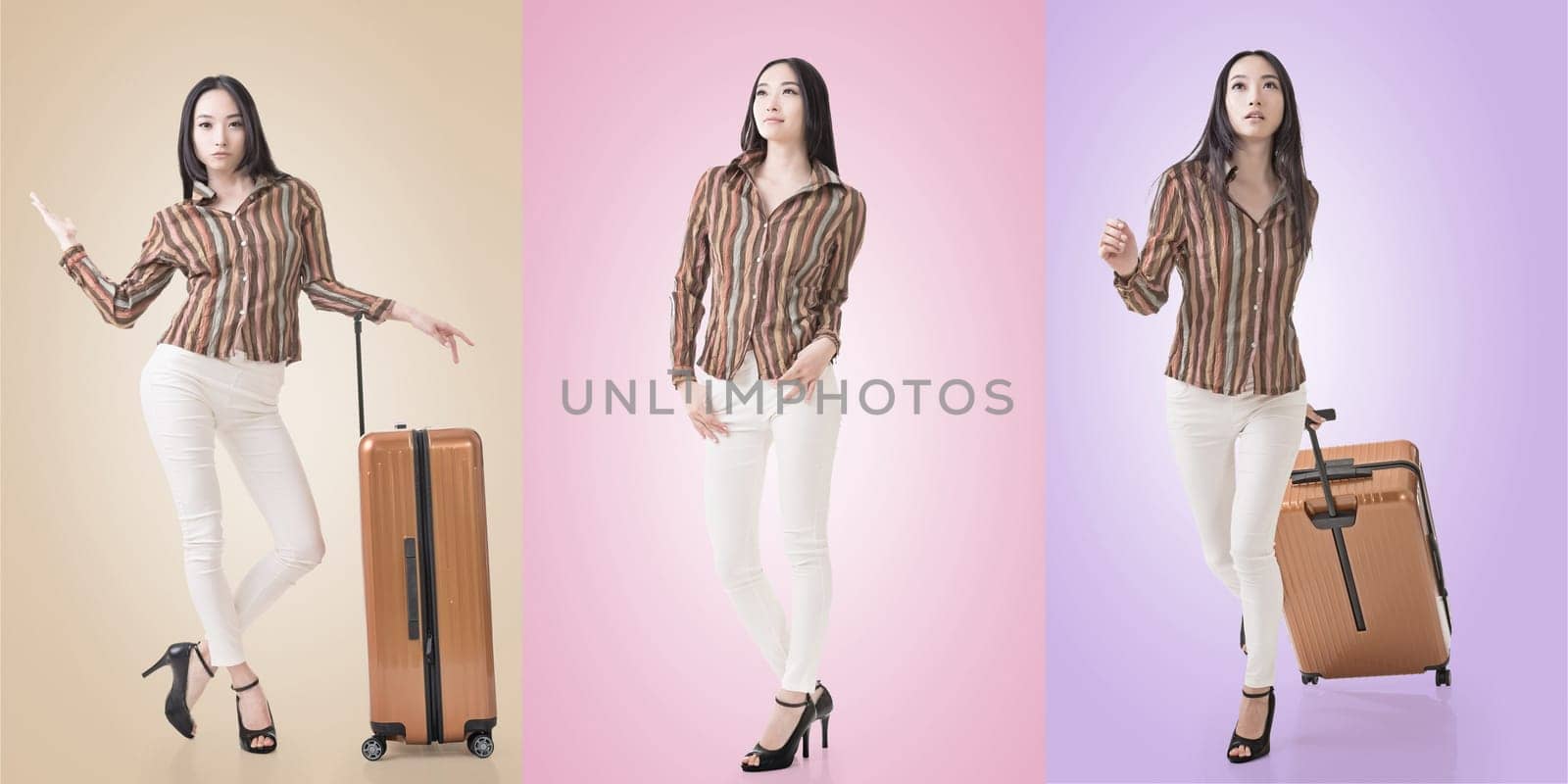 Travel concept with Asian beauty with a luggage in a set.