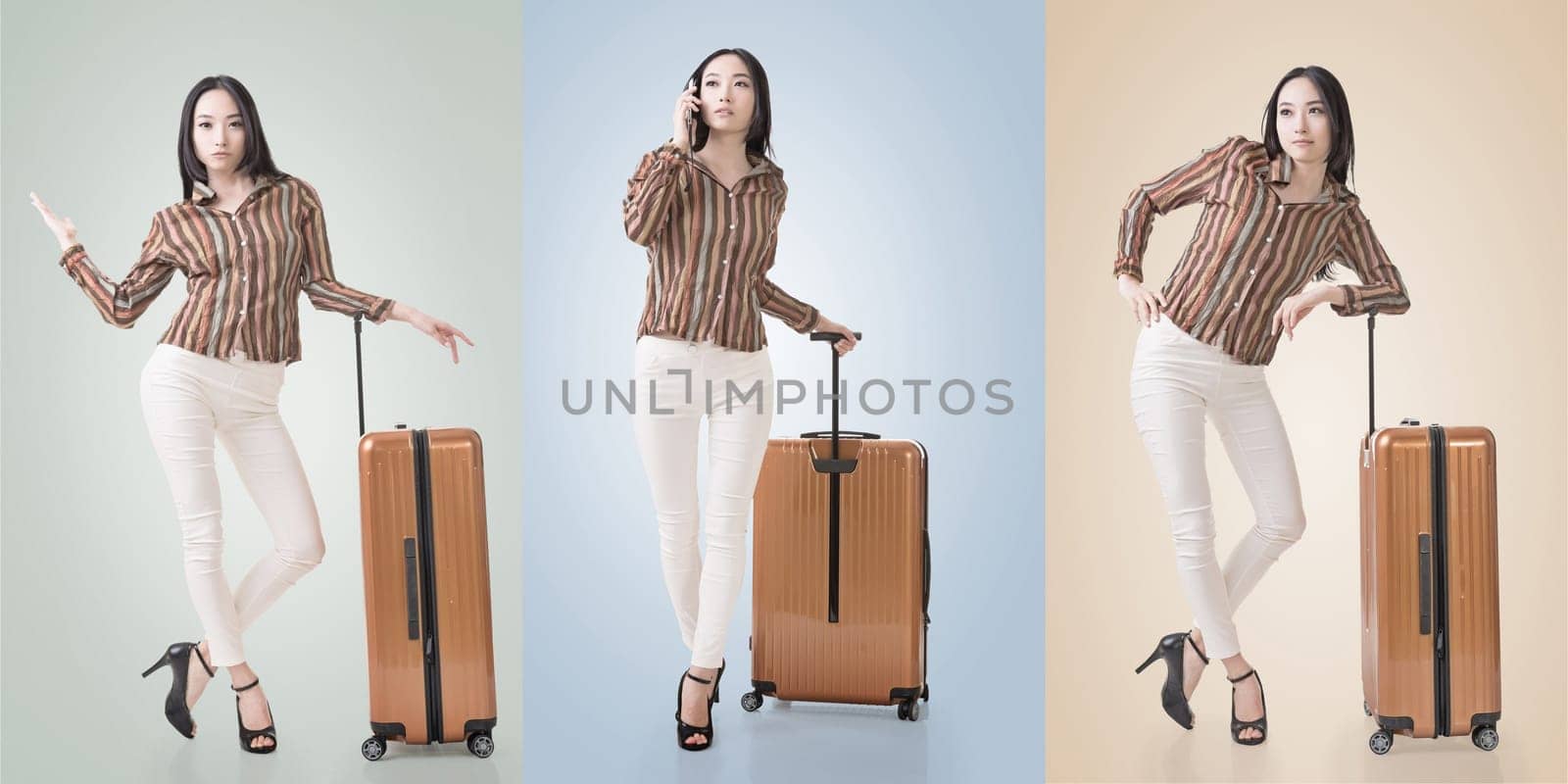 Travel concept with Asian beauty with a luggage in a set.