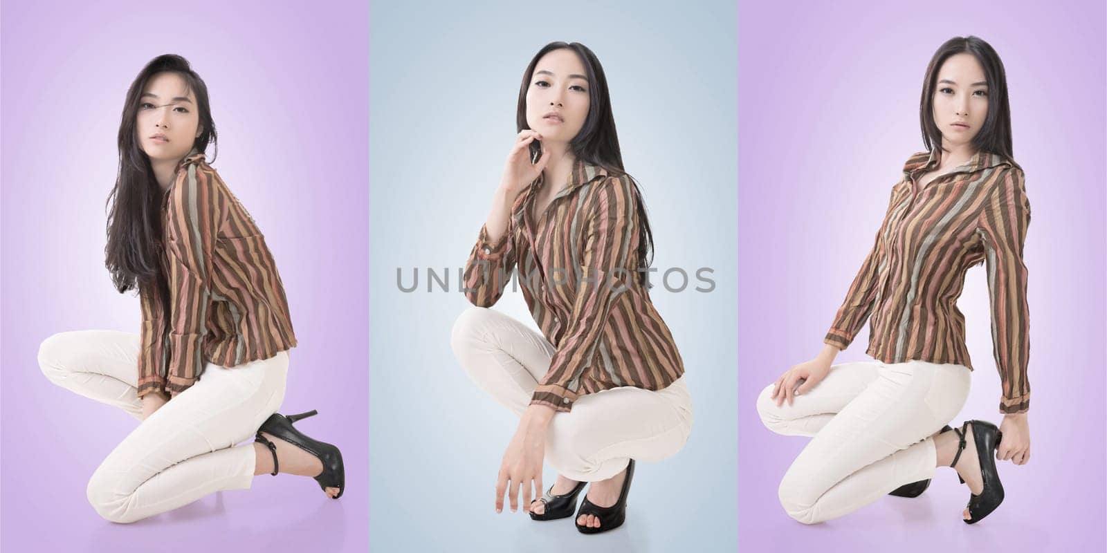 Travel concept with Asian beauty with a luggage in a set.