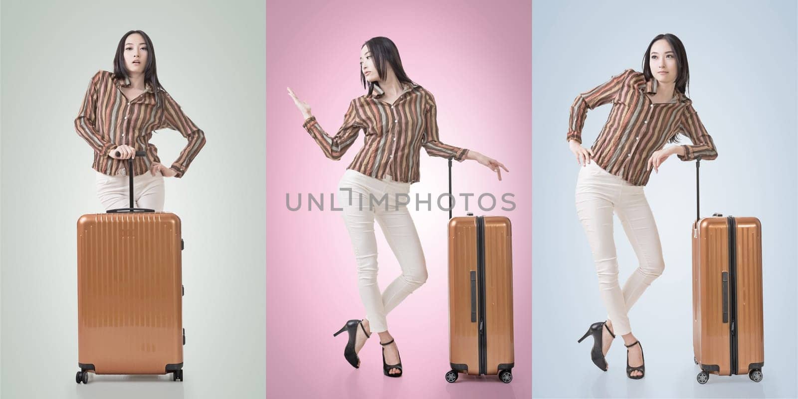 Travel concept with Asian beauty with a luggage in a set.