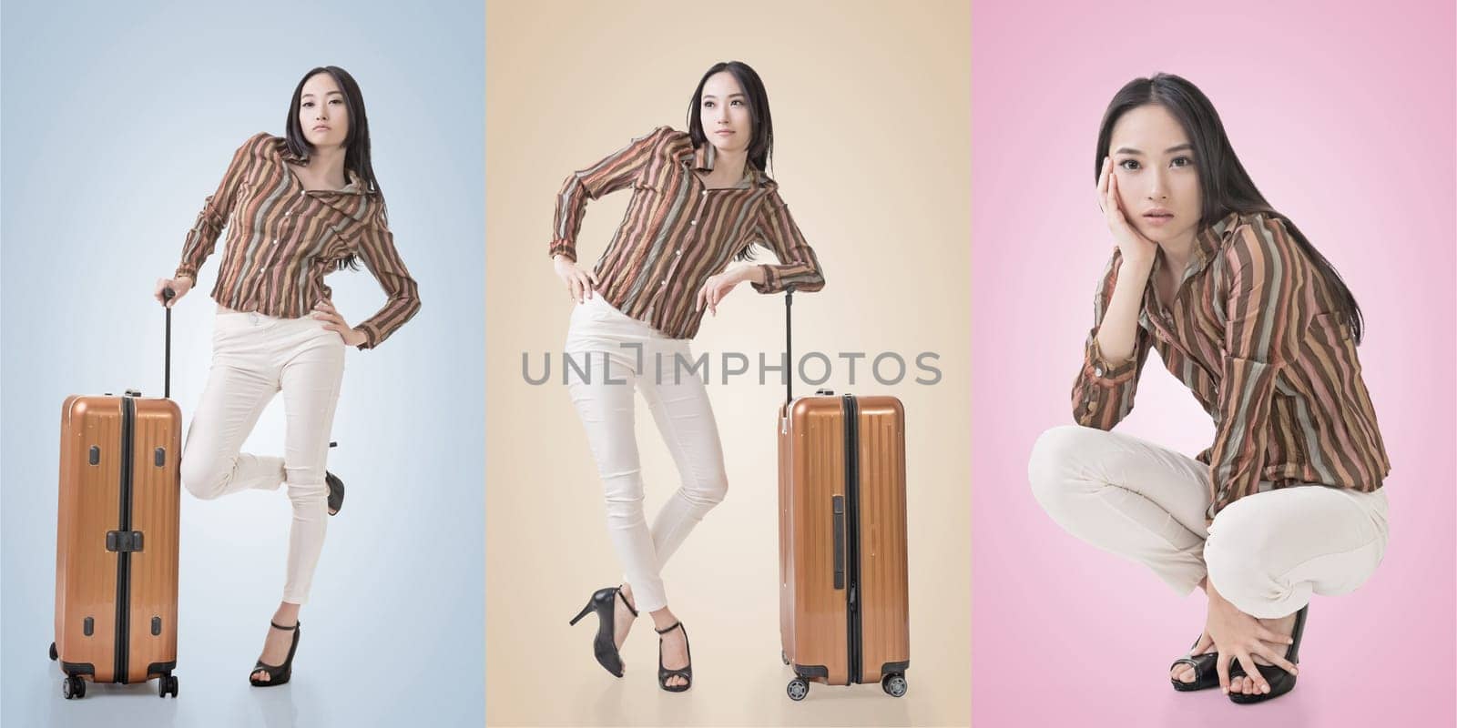 Travel concept with Asian beauty with a luggage in a set.