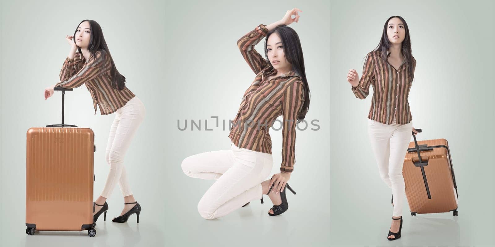 Travel concept with Asian beauty with a luggage in a set.