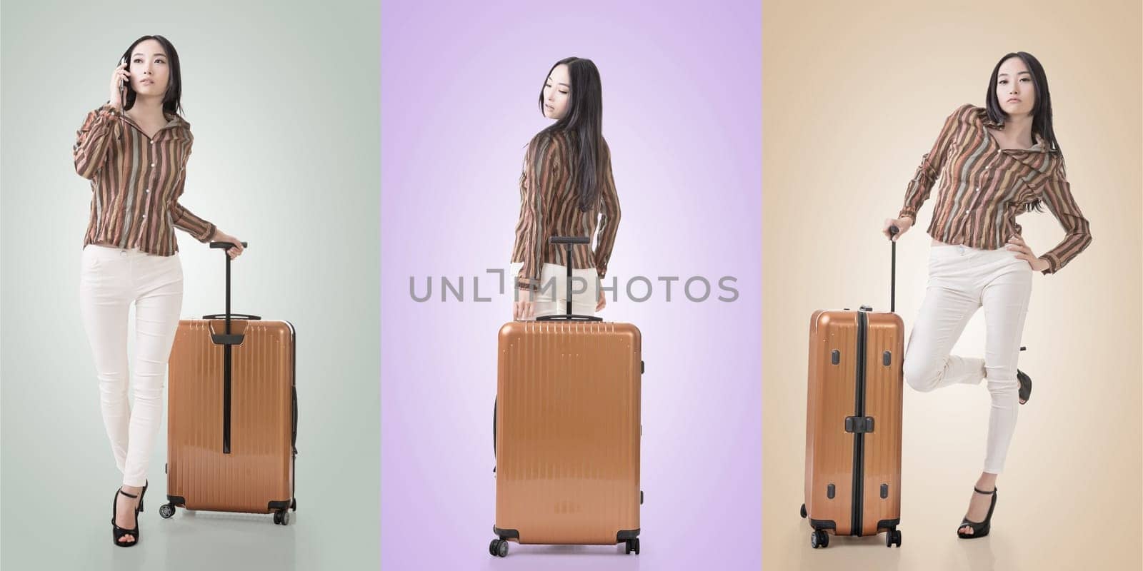 Travel concept with Asian beauty with a luggage in a set.