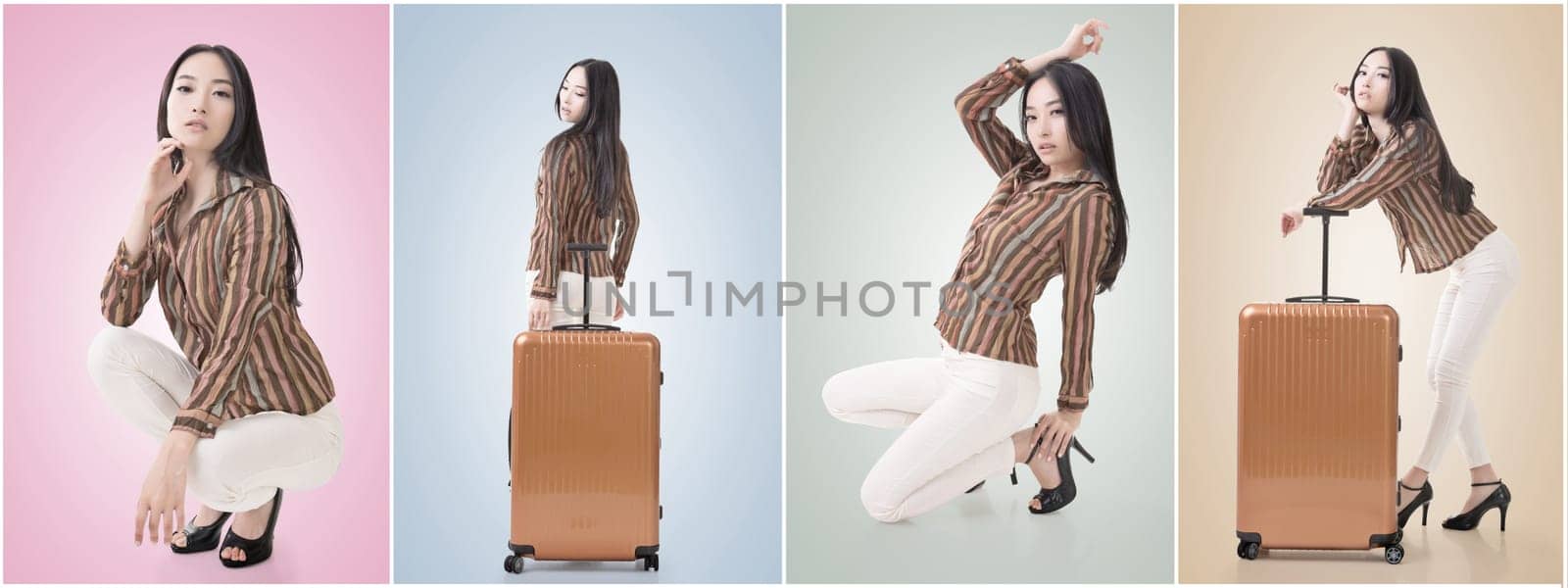 Travel concept with Asian beauty with a luggage in a set.