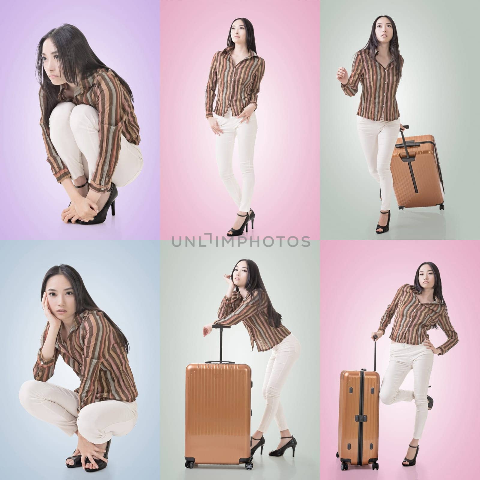 Travel concept with Asian beauty with a luggage in a set.