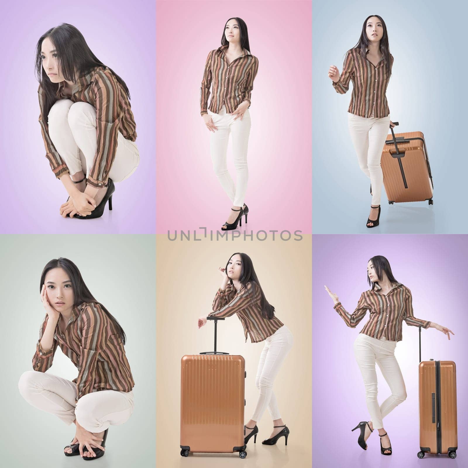 Travel concept with Asian beauty with a luggage in a set.