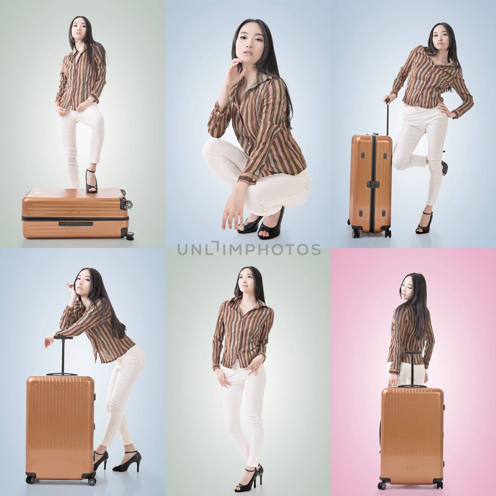 Travel concept with Asian beauty with a luggage in a set.