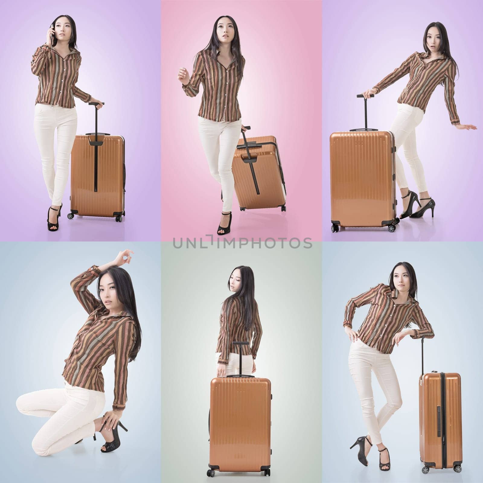 Travel concept with Asian beauty with a luggage in a set.