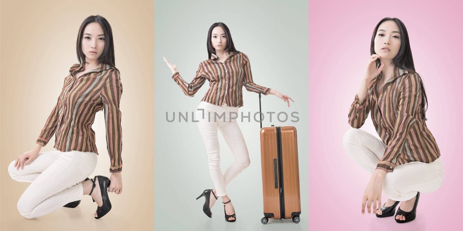 Travel concept with Asian beauty with a luggage in a set.