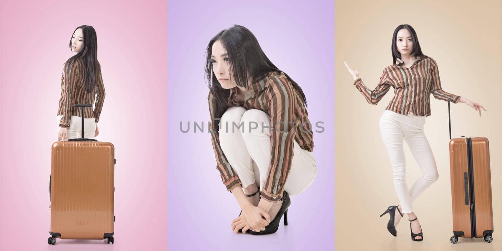 Travel concept with Asian beauty with a luggage in a set.