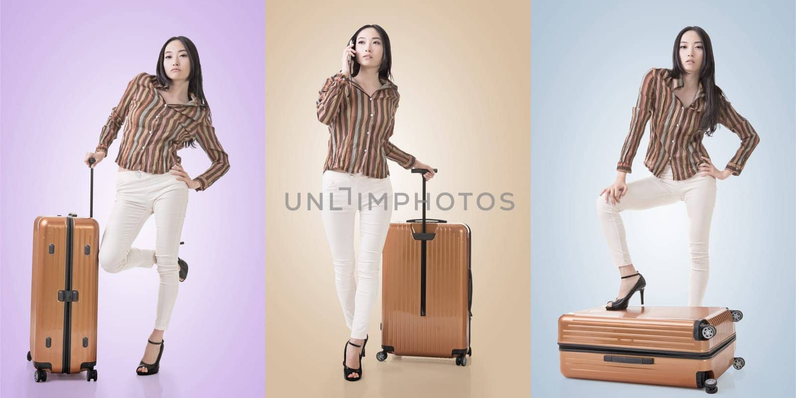 Travel concept with Asian beauty with a luggage in a set.