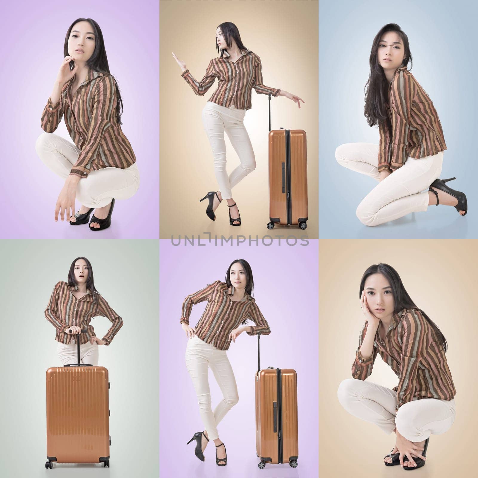 Travel concept with Asian beauty with a luggage in a set.