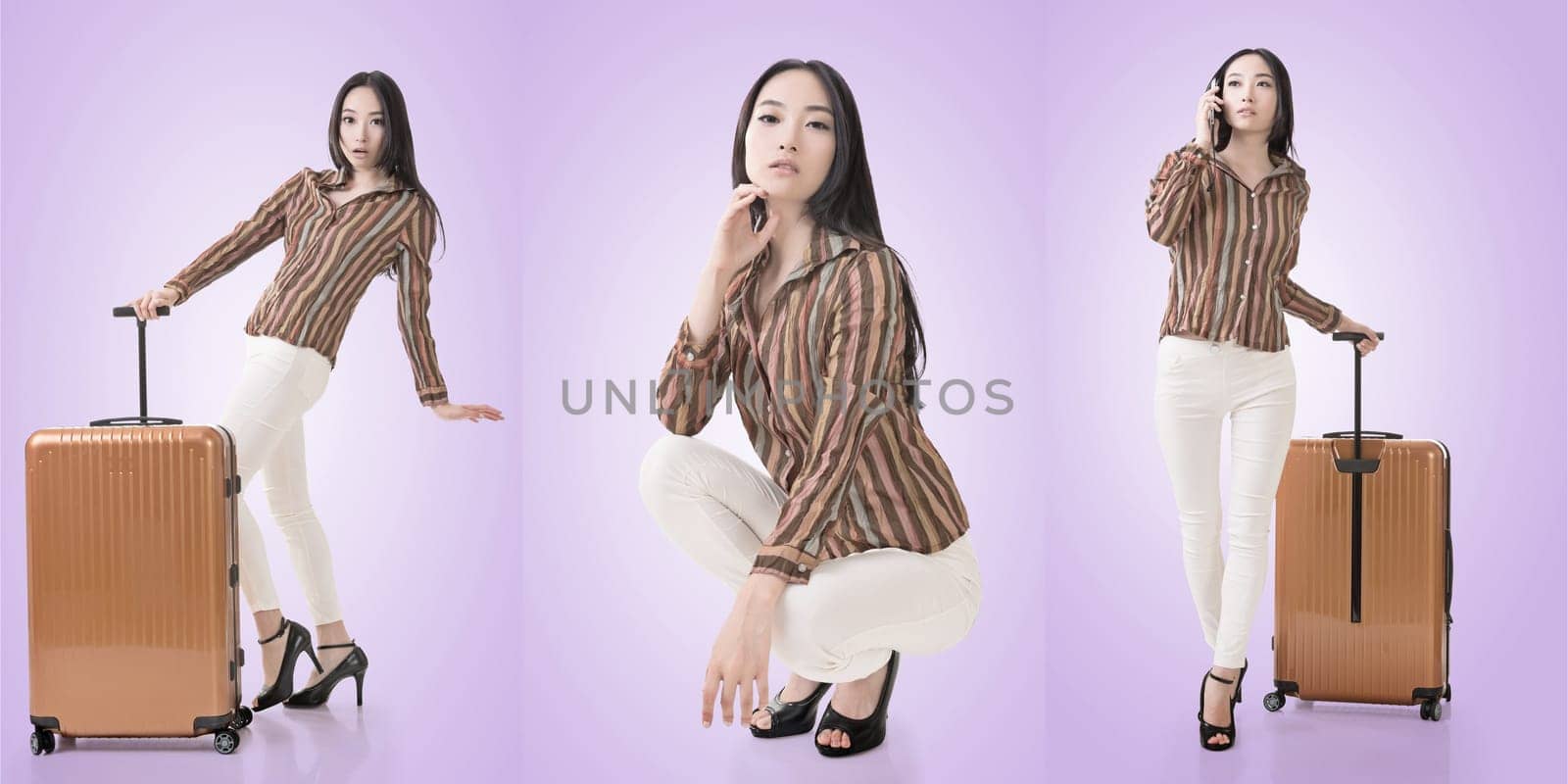 Travel concept with Asian beauty with a luggage in a set.
