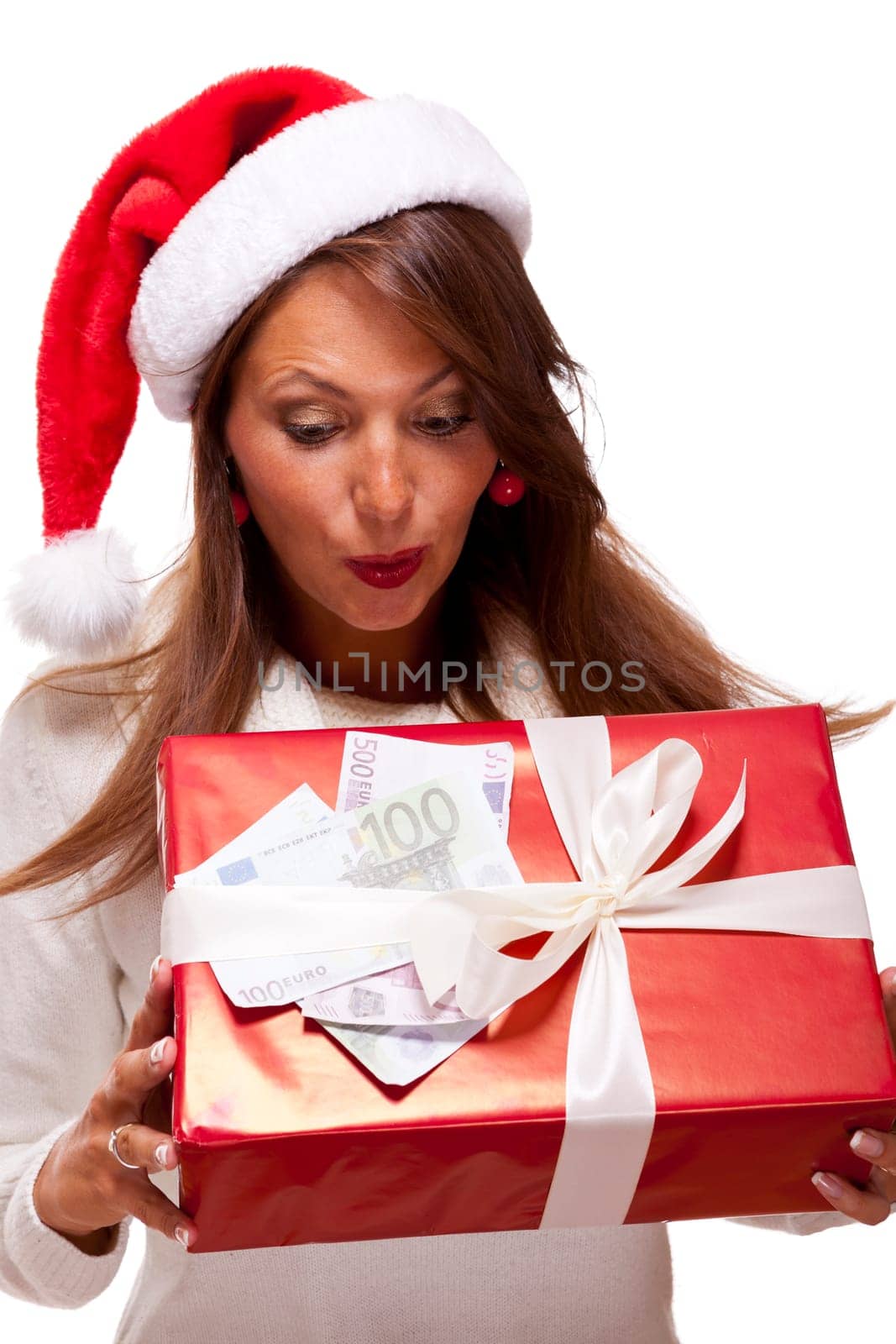 Beautiful young woman with Santa hat with a big red Christmas gift and cash final sale Isolated on white with text free space freeholder