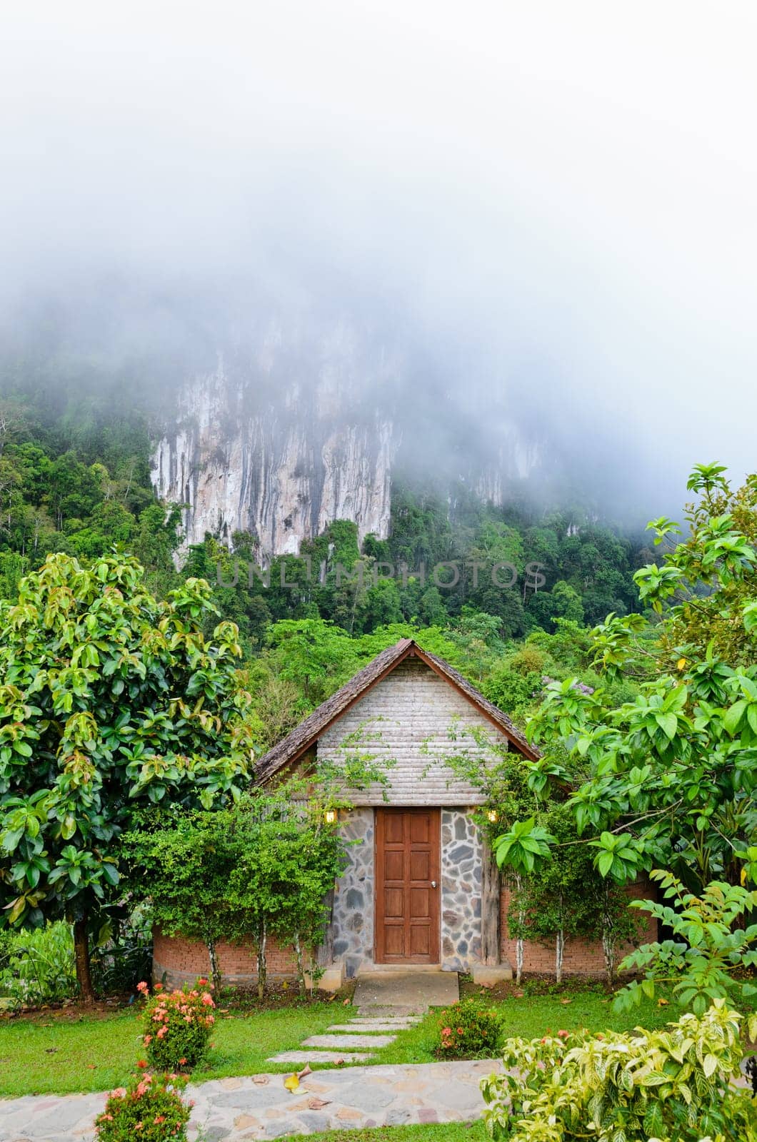 Front home in the morning surrounded by forests and mountains
