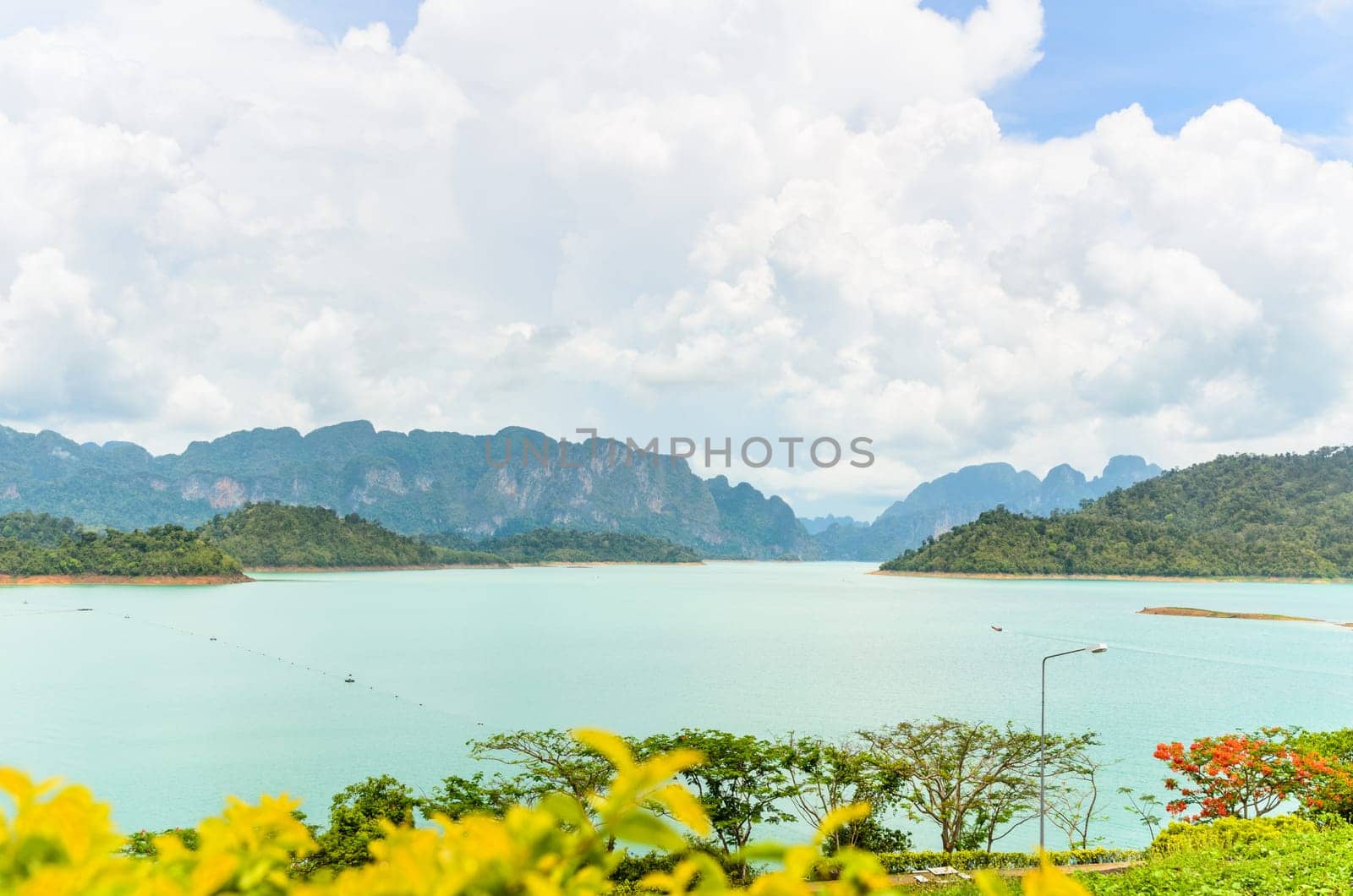 High angle view scenic point of green lake at Ratchaprapha Dam in Khao Sok National Park, Surat Thani Province, Thailand