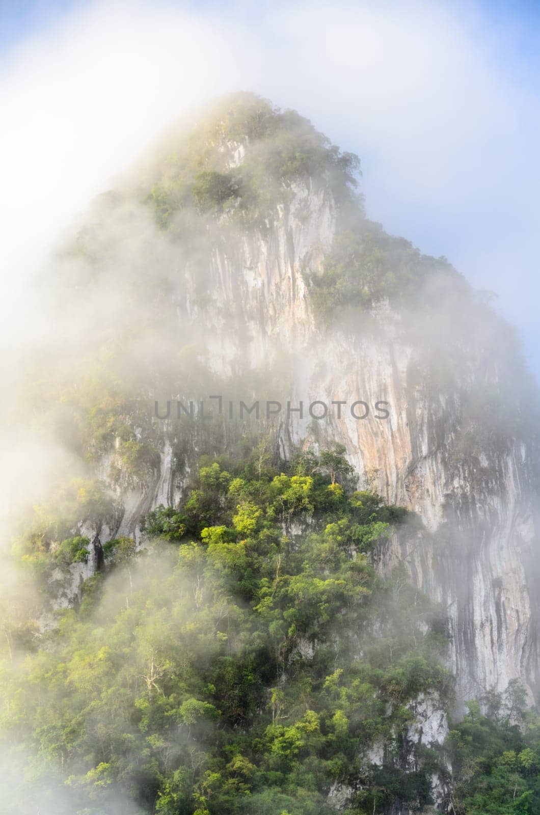 Lush high limestone mountain covered by mist surrounded by tropical forests of Thailand.