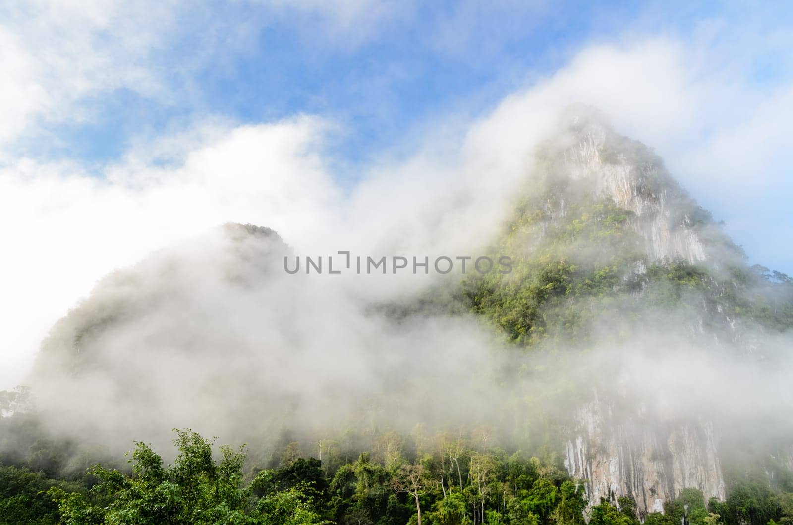 Lush high limestone mountain covered by mist surrounded by tropical forests of Thailand.