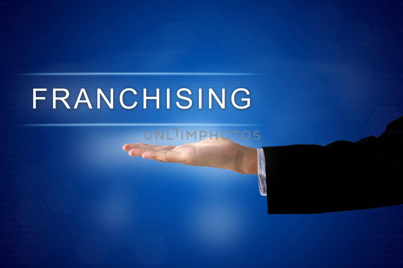 franchising button with business hand on a touch screen interface