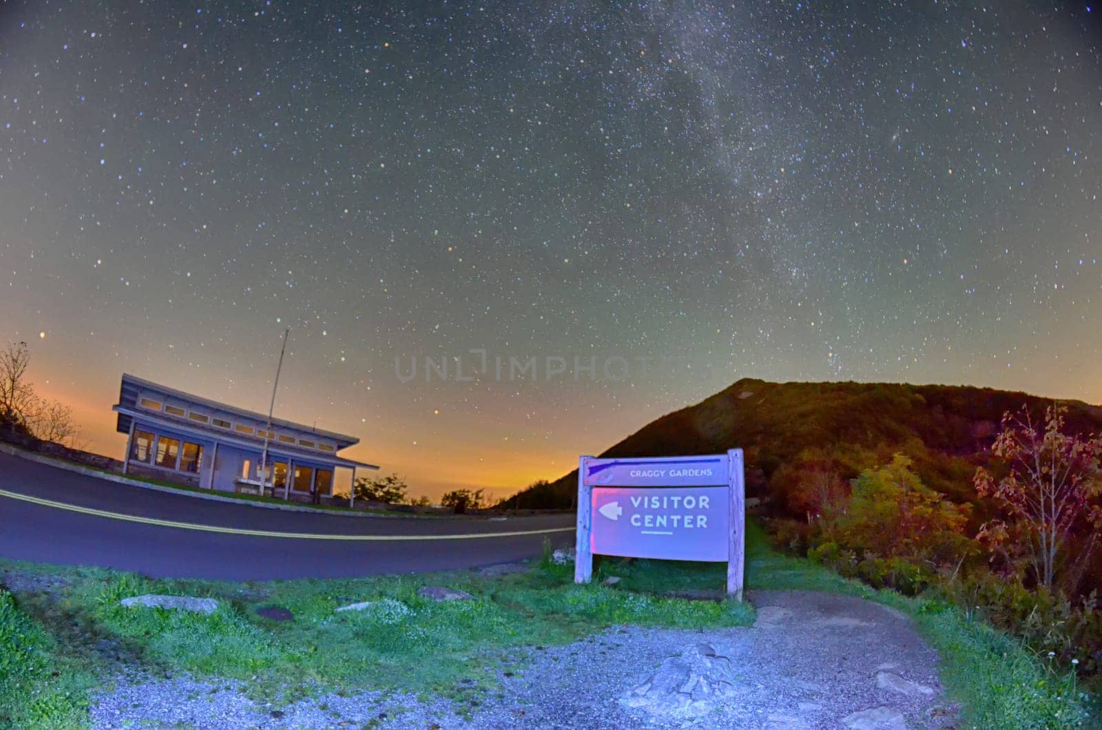 The Craggy Pinnacle visitors center at night