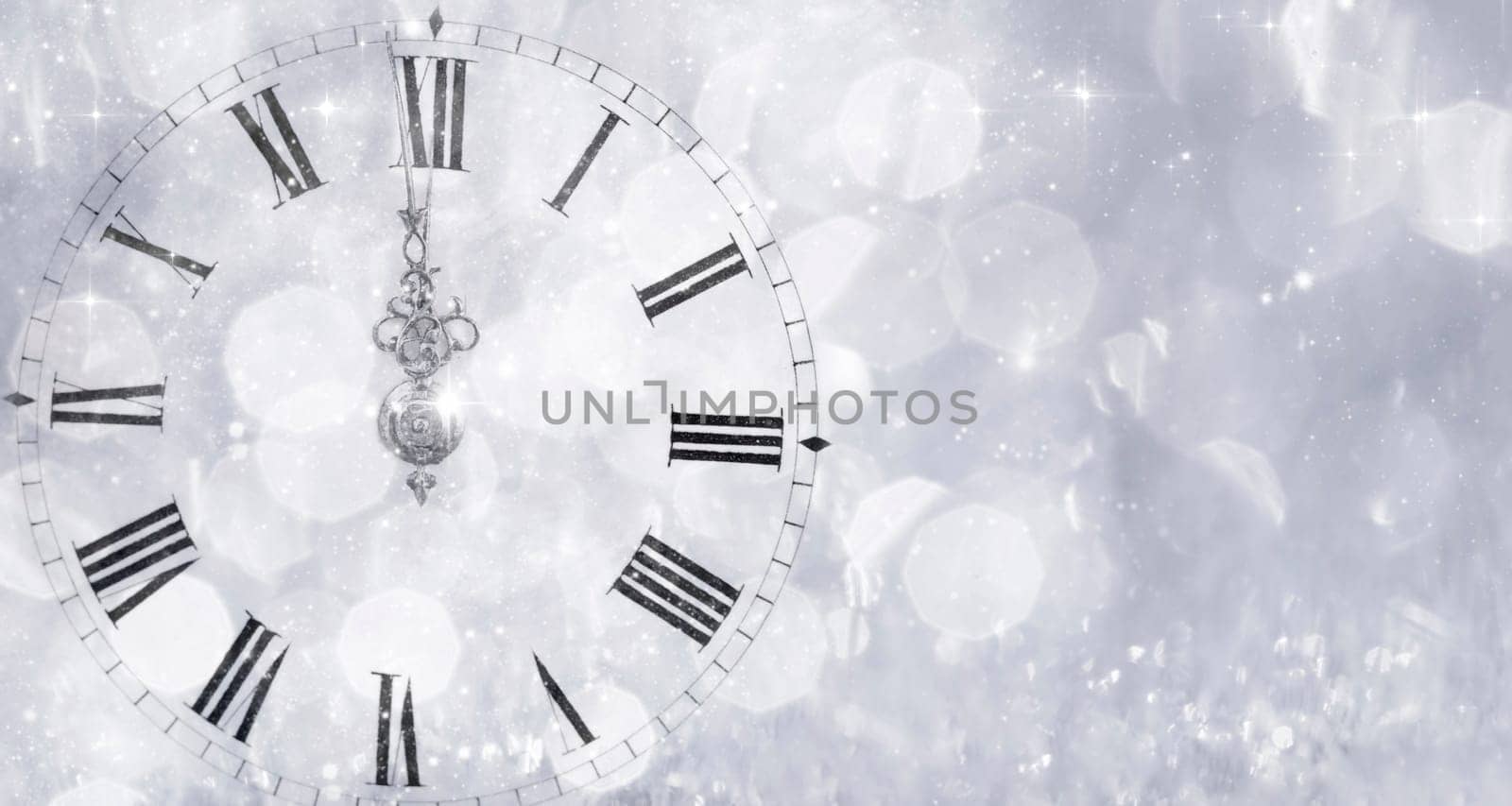 New Year's at midnight - Old clock with stars snowflakes and holiday lights