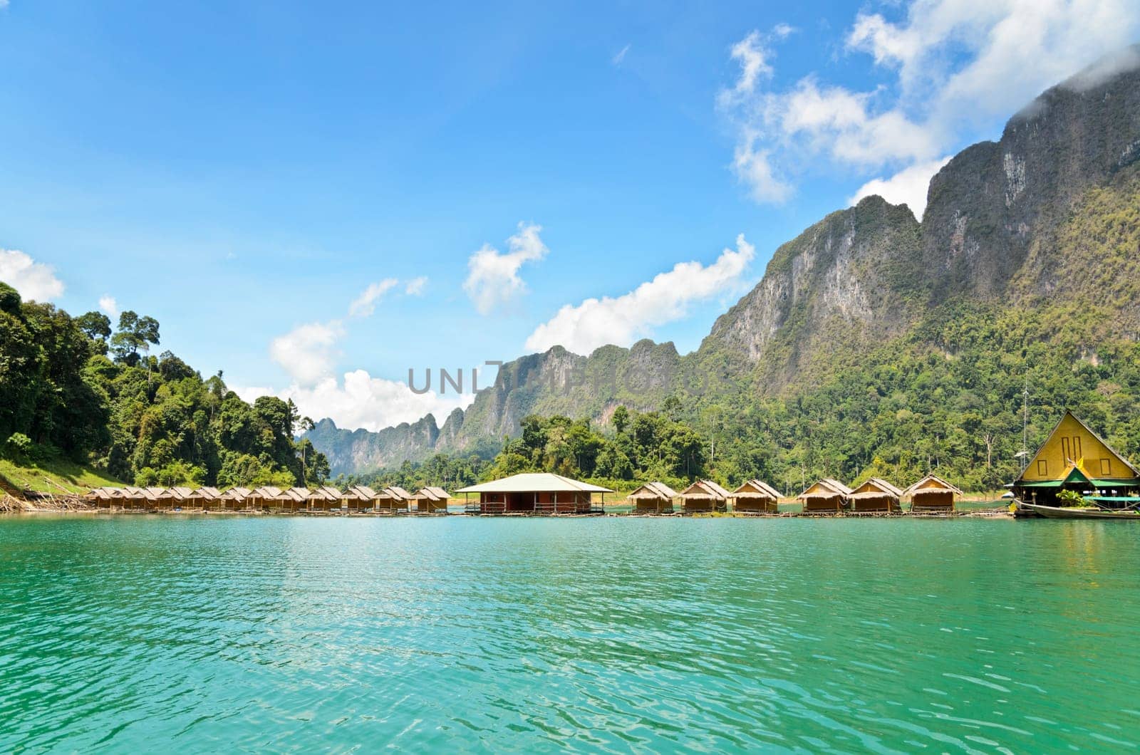 Small bungalow made of bamboo floating. Surrounded by mountains and water in Ratchaprapha Dam, Khao Sok National Park, Surat Thani Province, Thailand..
