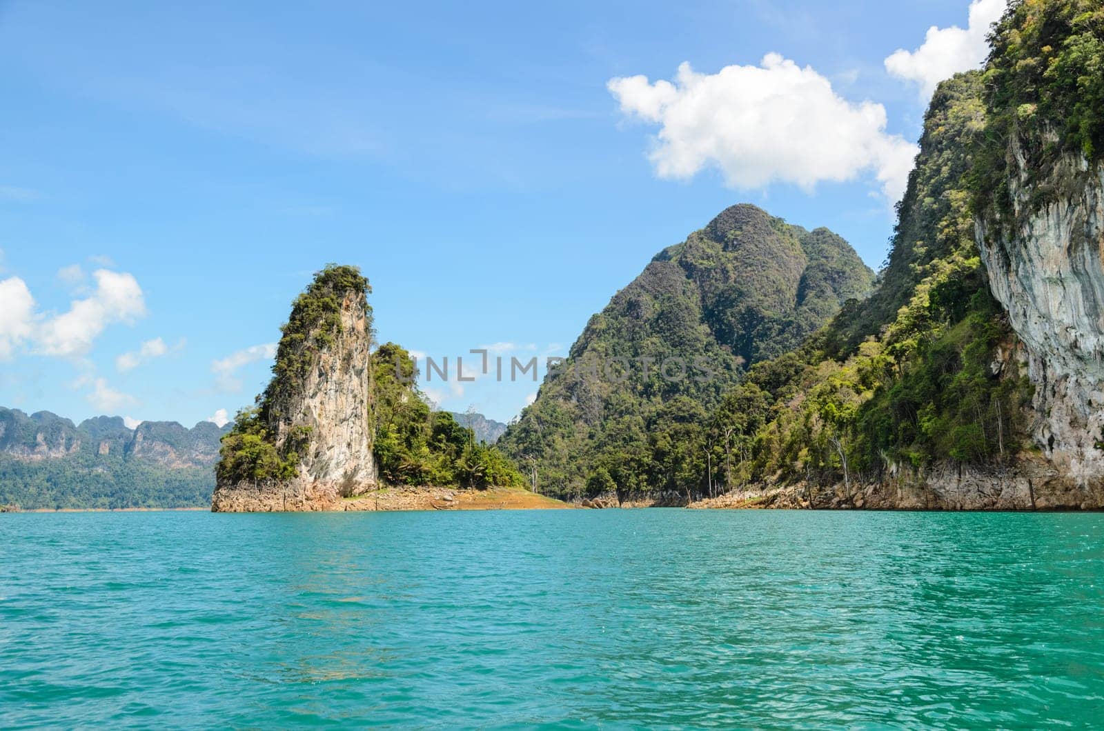 Beautiful island surrounded by water, Natural attractions at Ratchapapha dam in Khao Sok National Park, Surat Thani province, Guilin of Thailand.