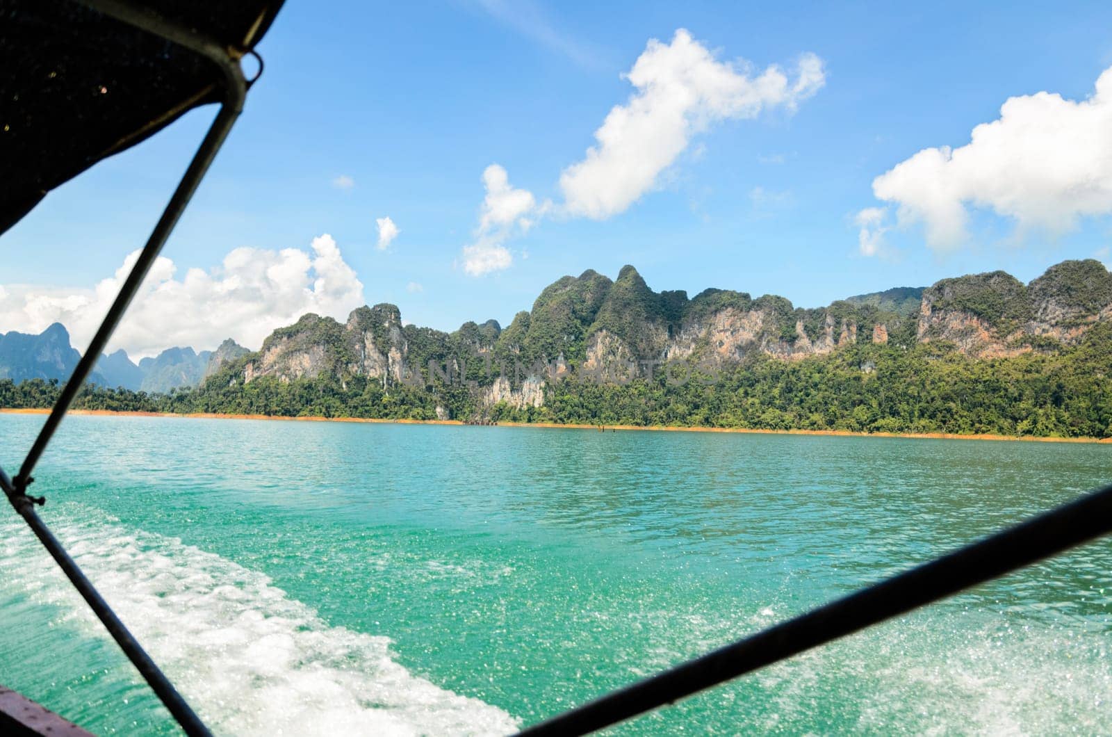 Travel by small boats at Ratchapapha dam area in Khao Sok National Park, Surat Thani province, Guilin of Thailand.