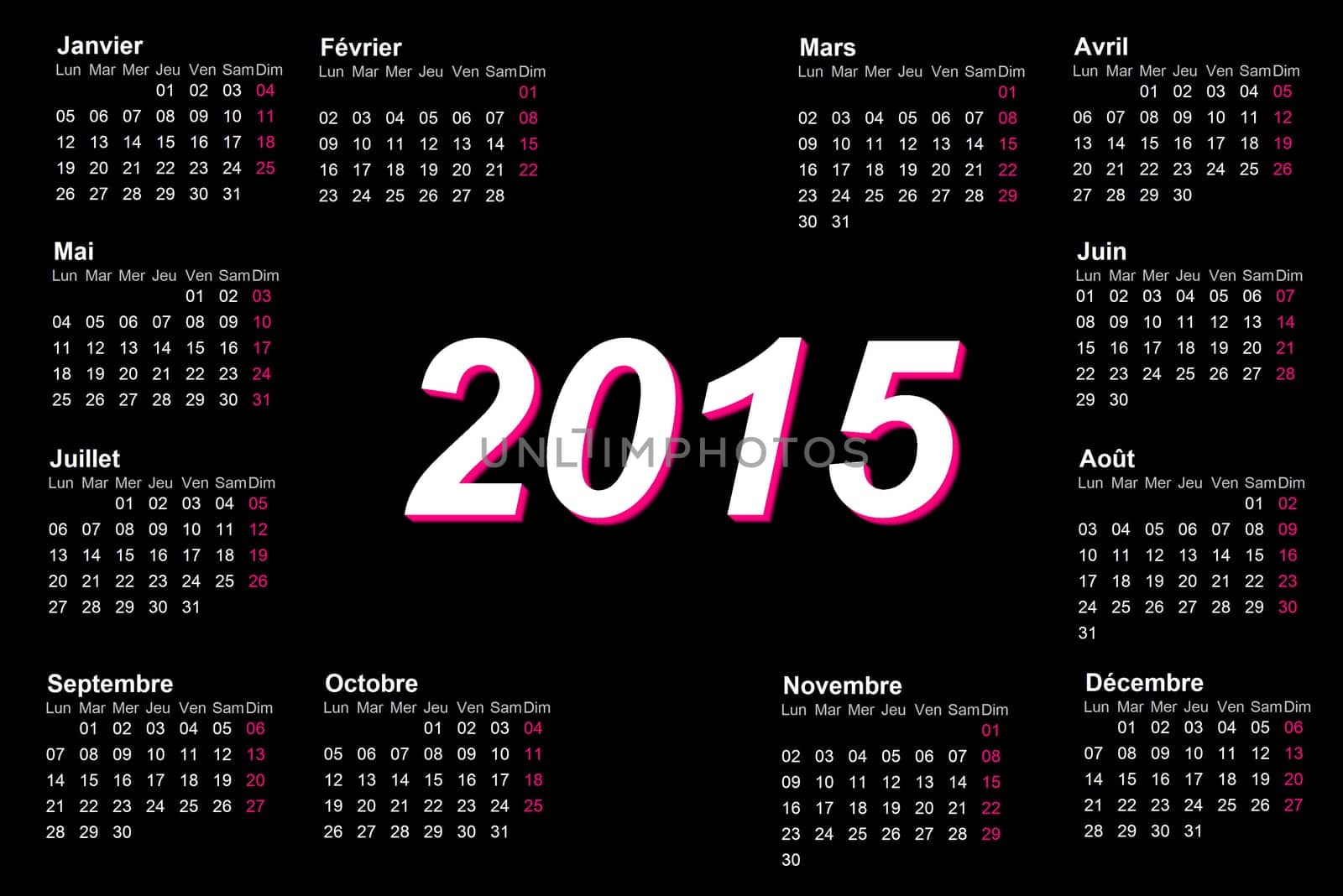 European french 2015 year calendar with week starting from monday