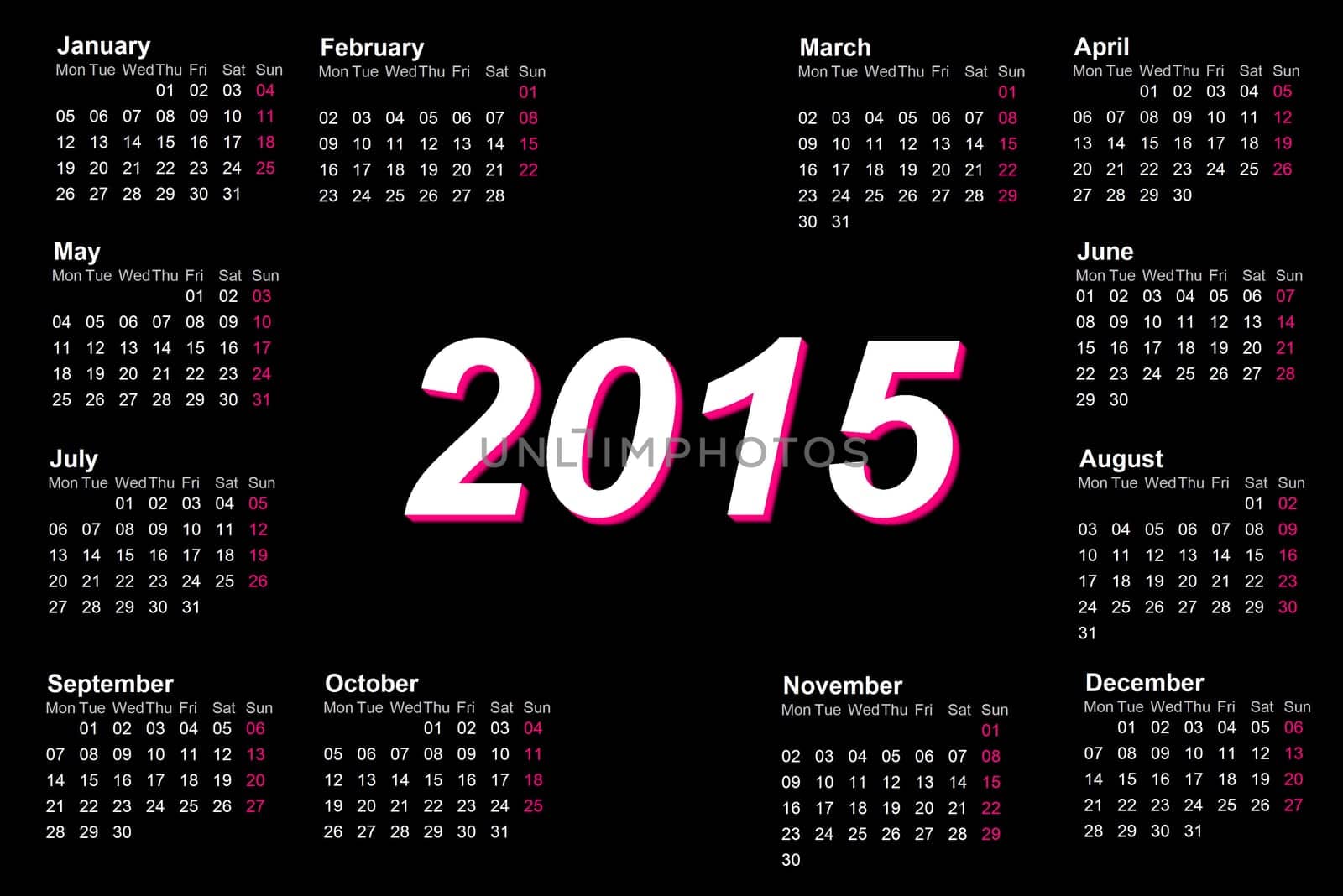 European 2015 year calendar with week starting from monday