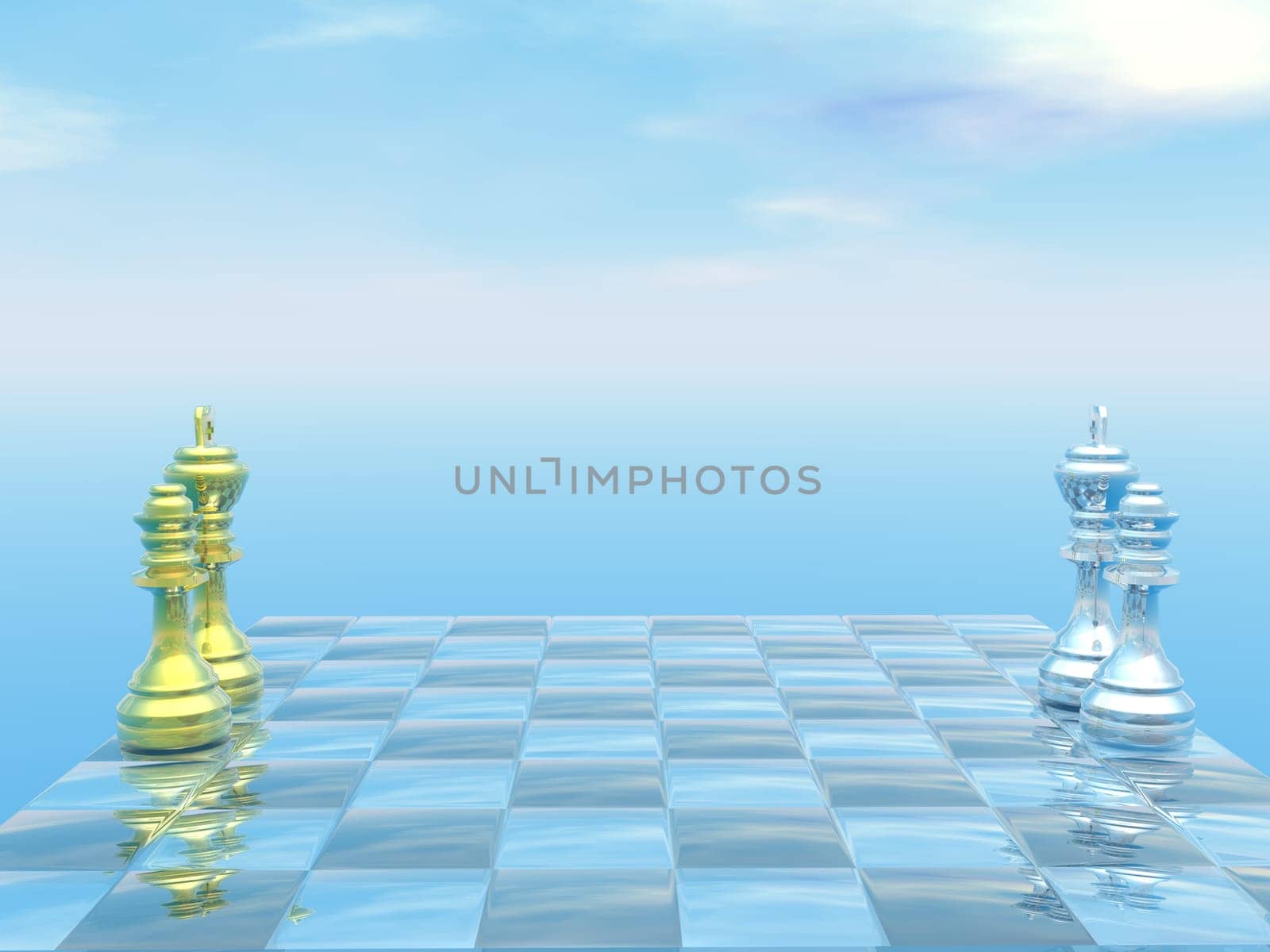Chessboard with kings and queens and blue sky - 3D render