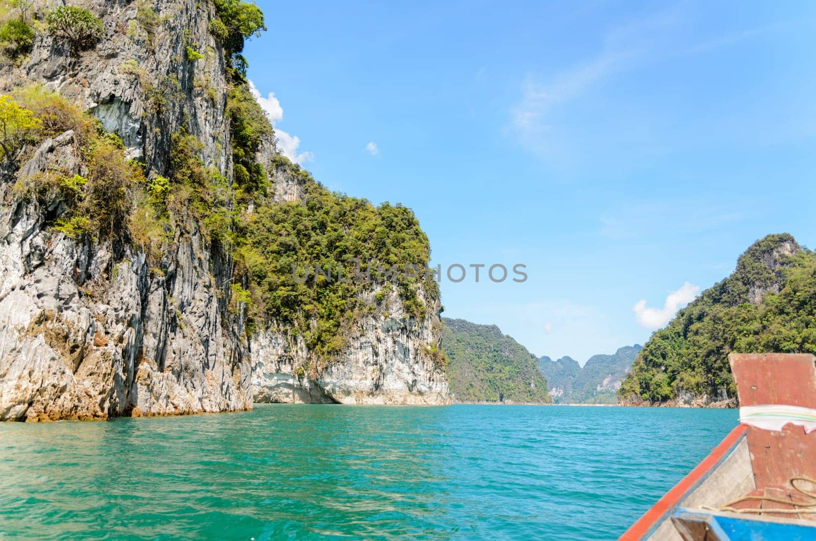 Travel by small boats at Ratchapapha dam in Khao Sok National Park Surat Thani province, Guilin of Thailand.
