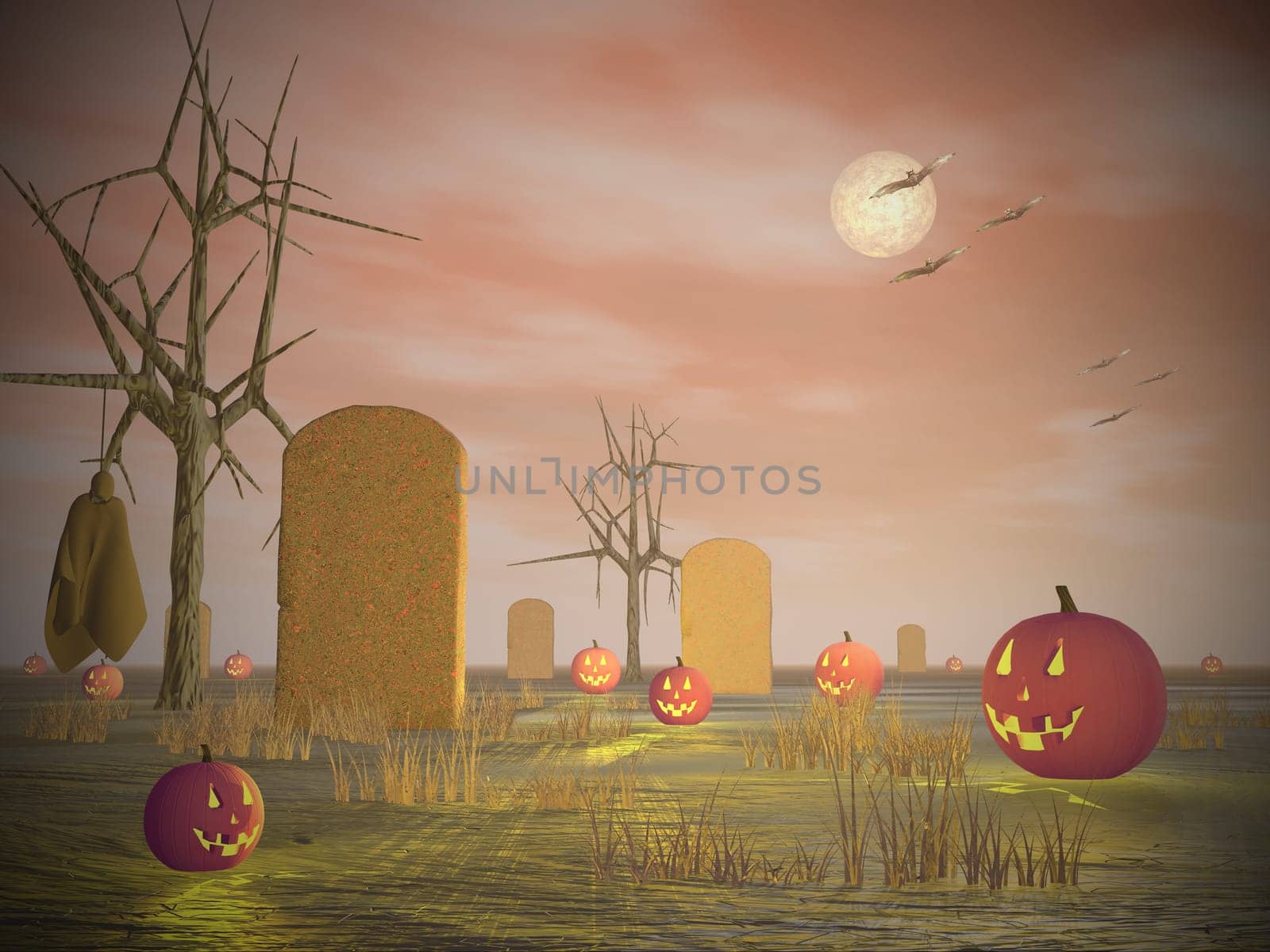Halloween scenery with pumpkins, tombstones and corpse hanging on dead tree by full moon night - 3D render