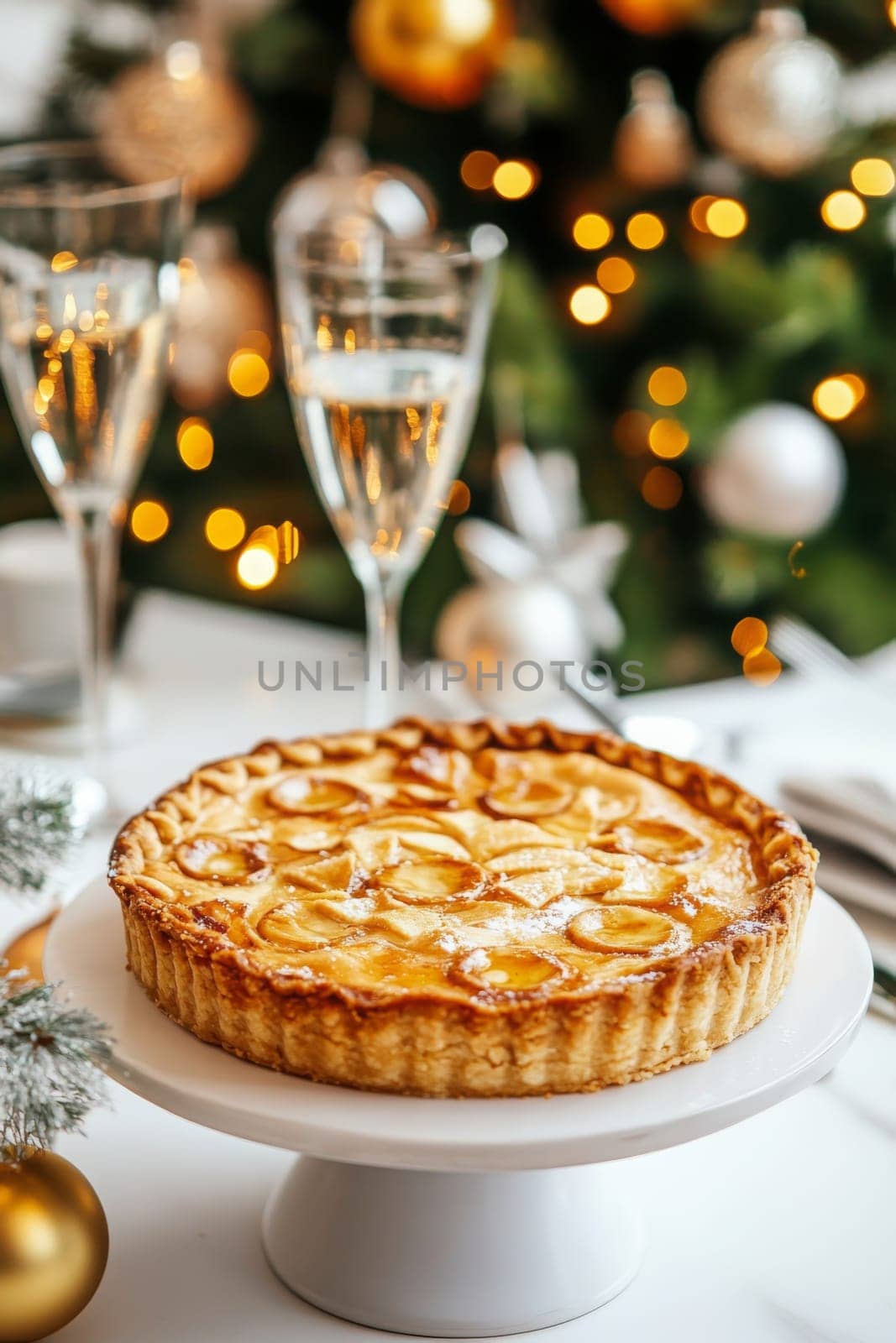 New Year's pie on a white table, Generative AI, food