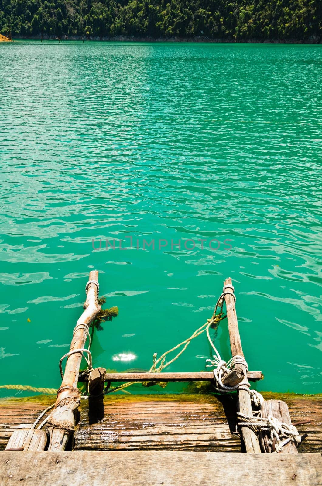 Ladder into the water part of the floating bungalows in Ratchaprapha Dam, Khao Sok National Park, Surat Thani Province, Thailand.