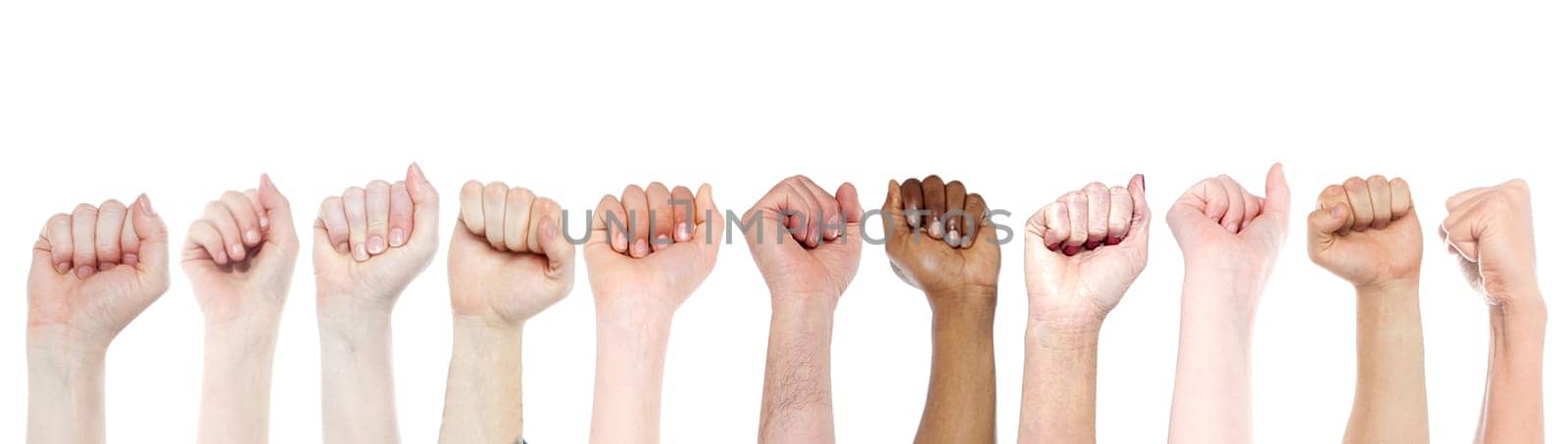 Hands showing fists raised up, white background