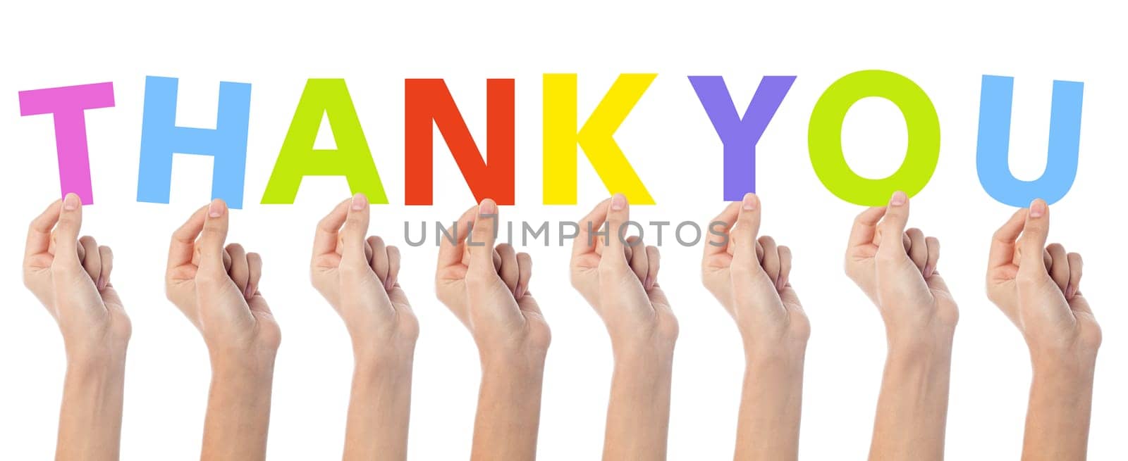 Many hands holding a colorful thank you