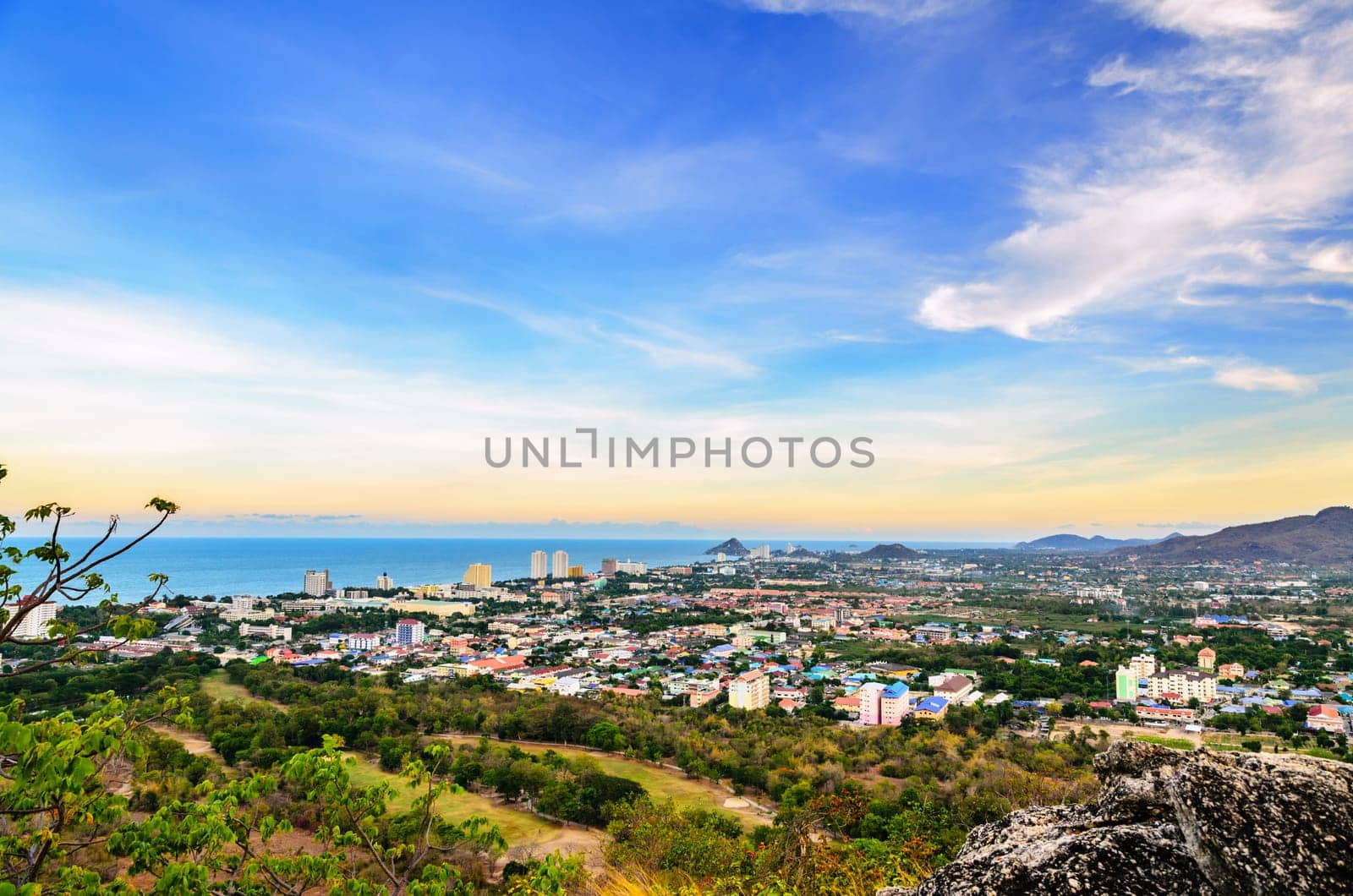 Hight angle view landscaped Hua Hin city in the evening, Beautiful scenery town seaside at Prachuap Khiri Khan Province of Thailand
