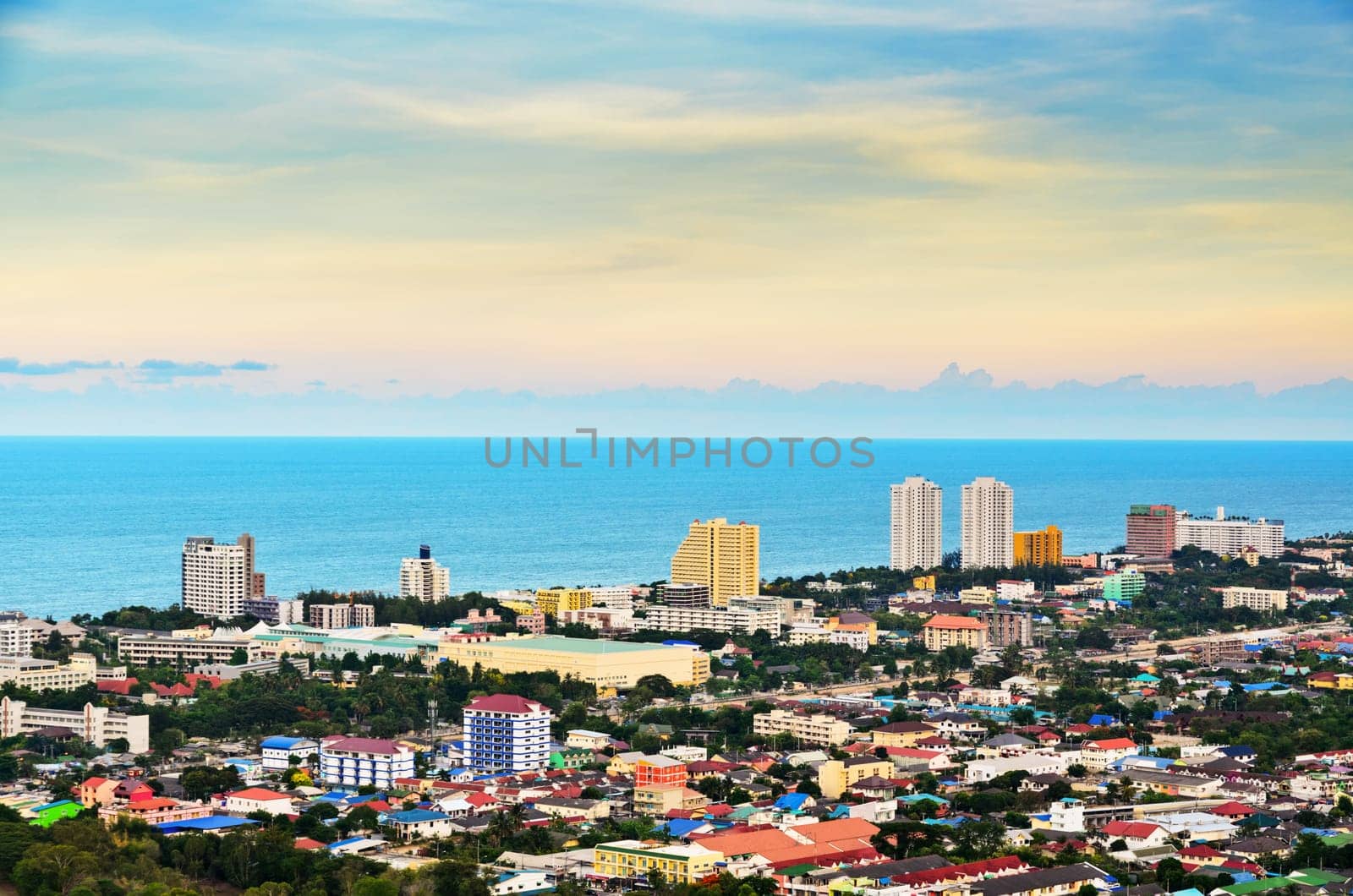 Hight angle view landscaped Hua Hin city in the evening, Beautiful scenery town seaside at Prachuap Khiri Khan Province of Thailand.