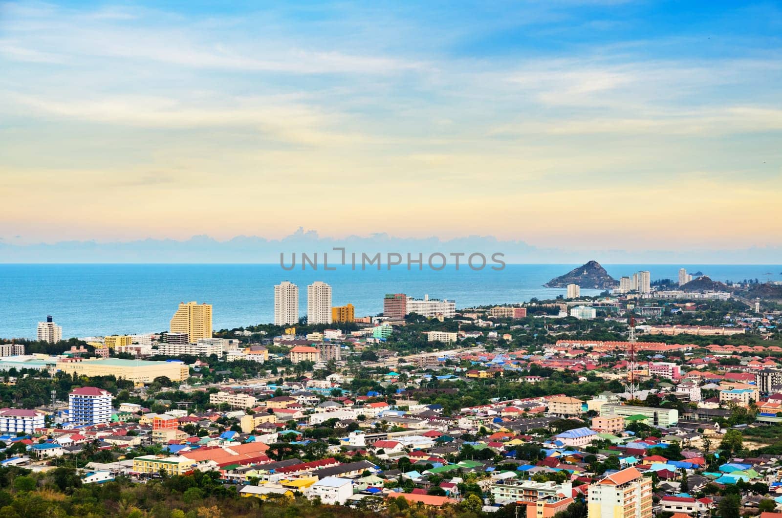 Hight angle view landscaped Hua Hin city in the evening, Beautiful scenery town seaside at Prachuap Khiri Khan Province of Thailand.
