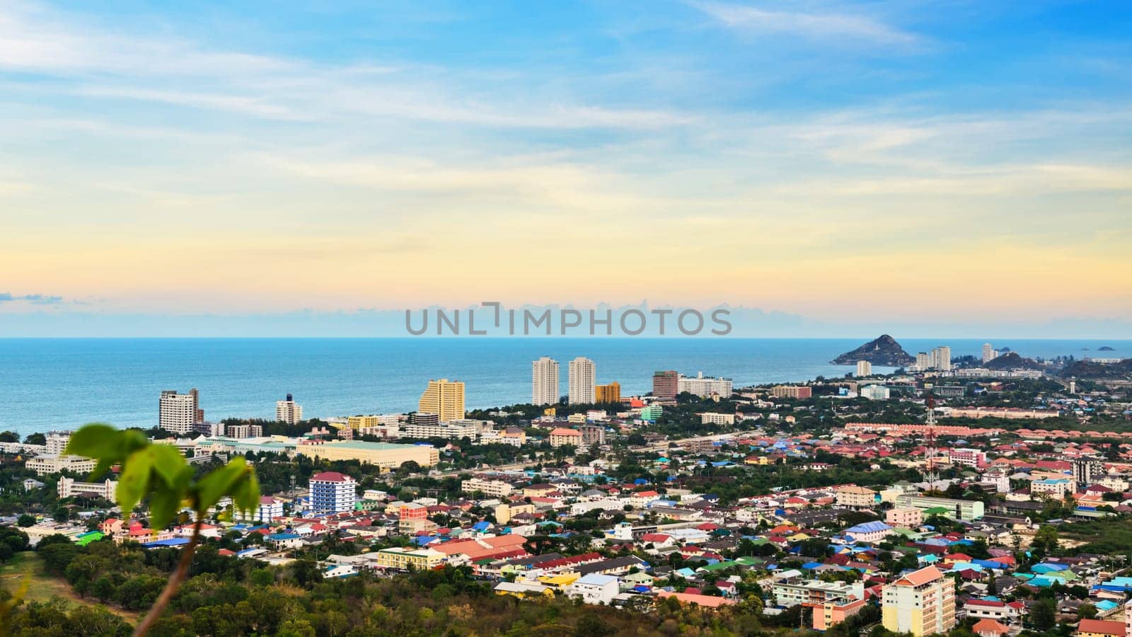 Hight angle view landscaped Hua Hin city in the evening, Beautiful scenery town seaside at Prachuap Khiri Khan Province of Thailand