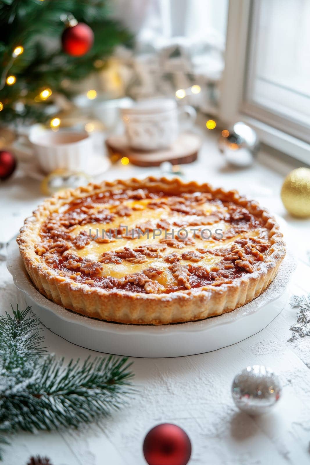 New Year's pie on a white table, Generative AI, food