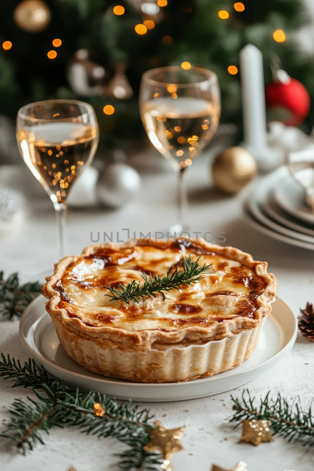 New Year's pie on a white table, Generative AI, food