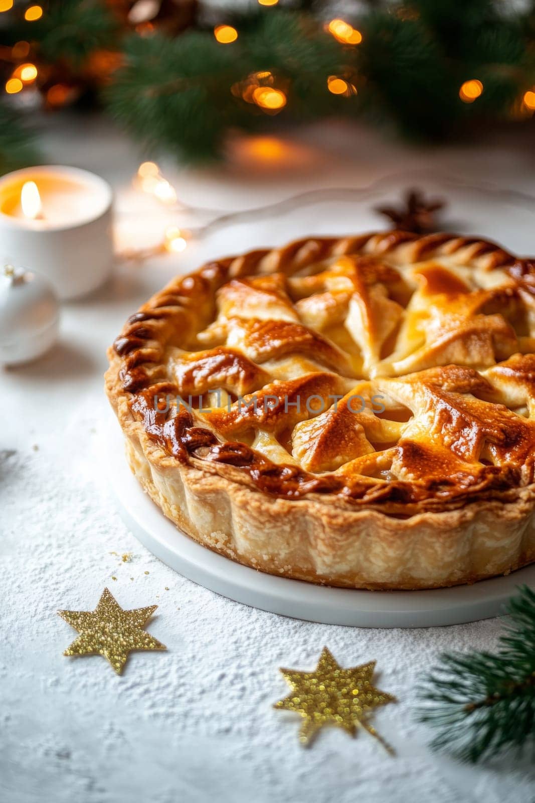 New Year's pie on a white table, Generative AI, food