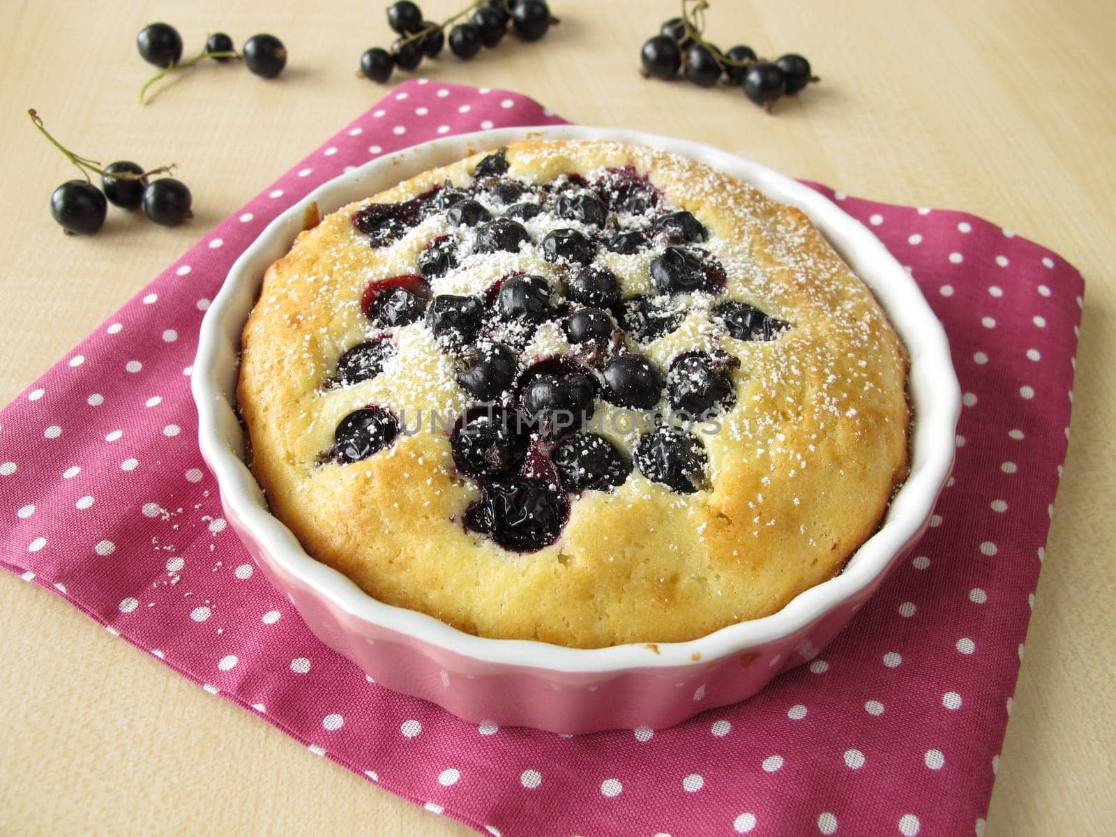 Cake with blackcurrants and icing sugar