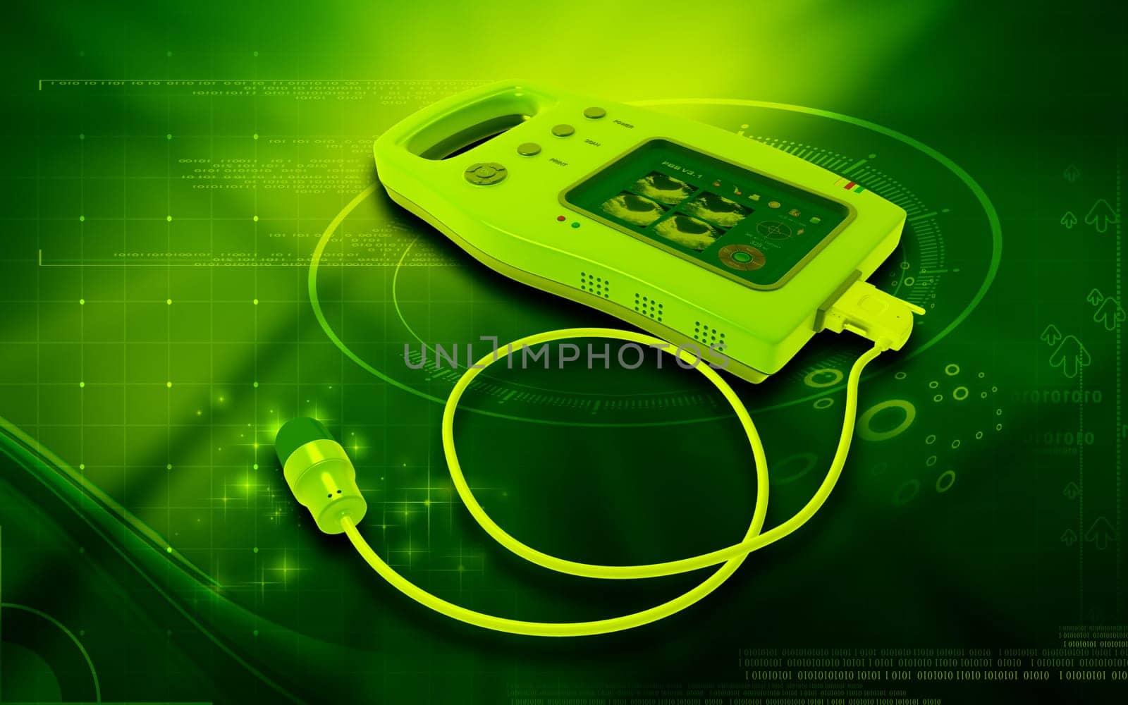 Digital illustration of palm bladder scanner in colour background